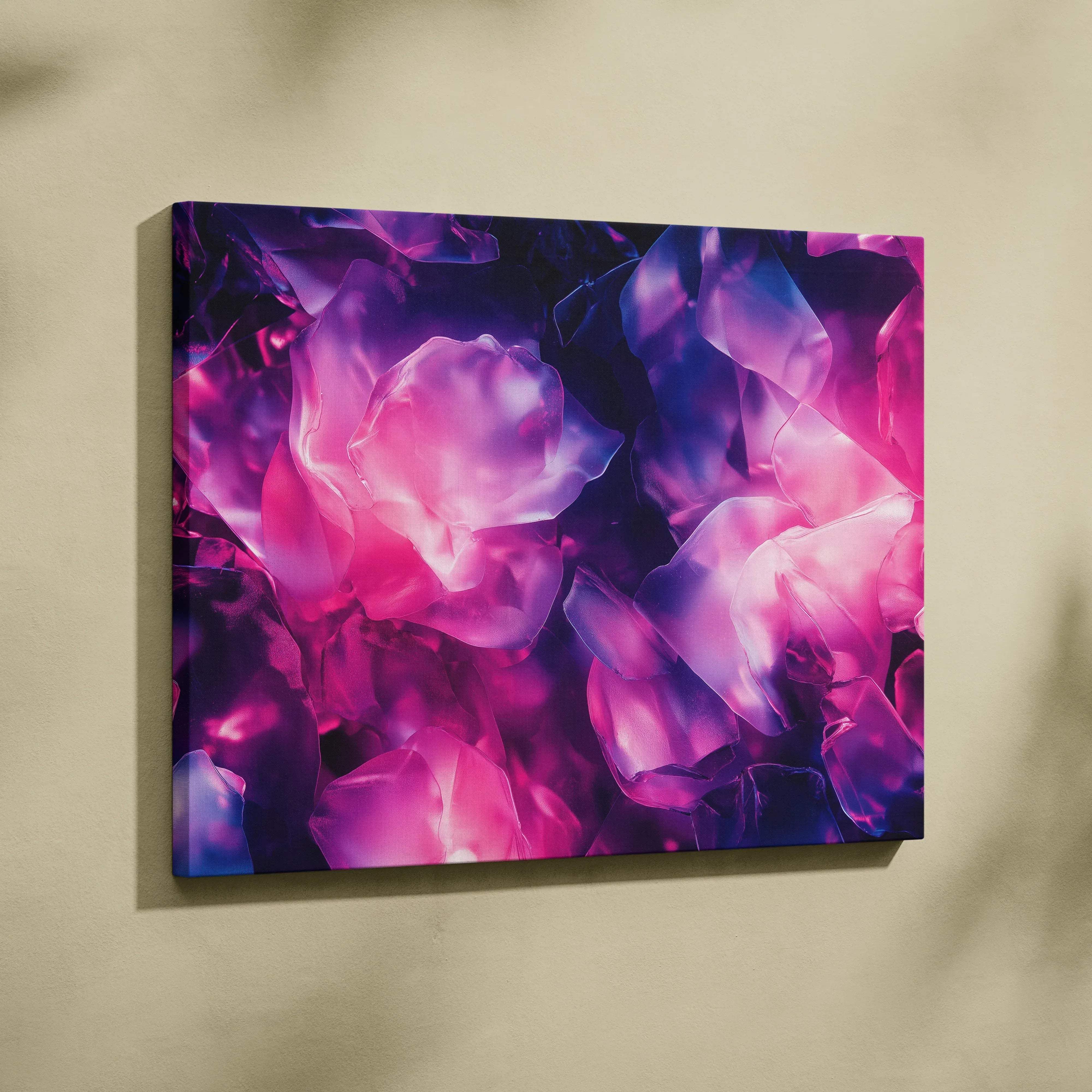 A vibrant modern abstract canvas wall art featuring glowing pink and purple crystal floral forms on a dark background