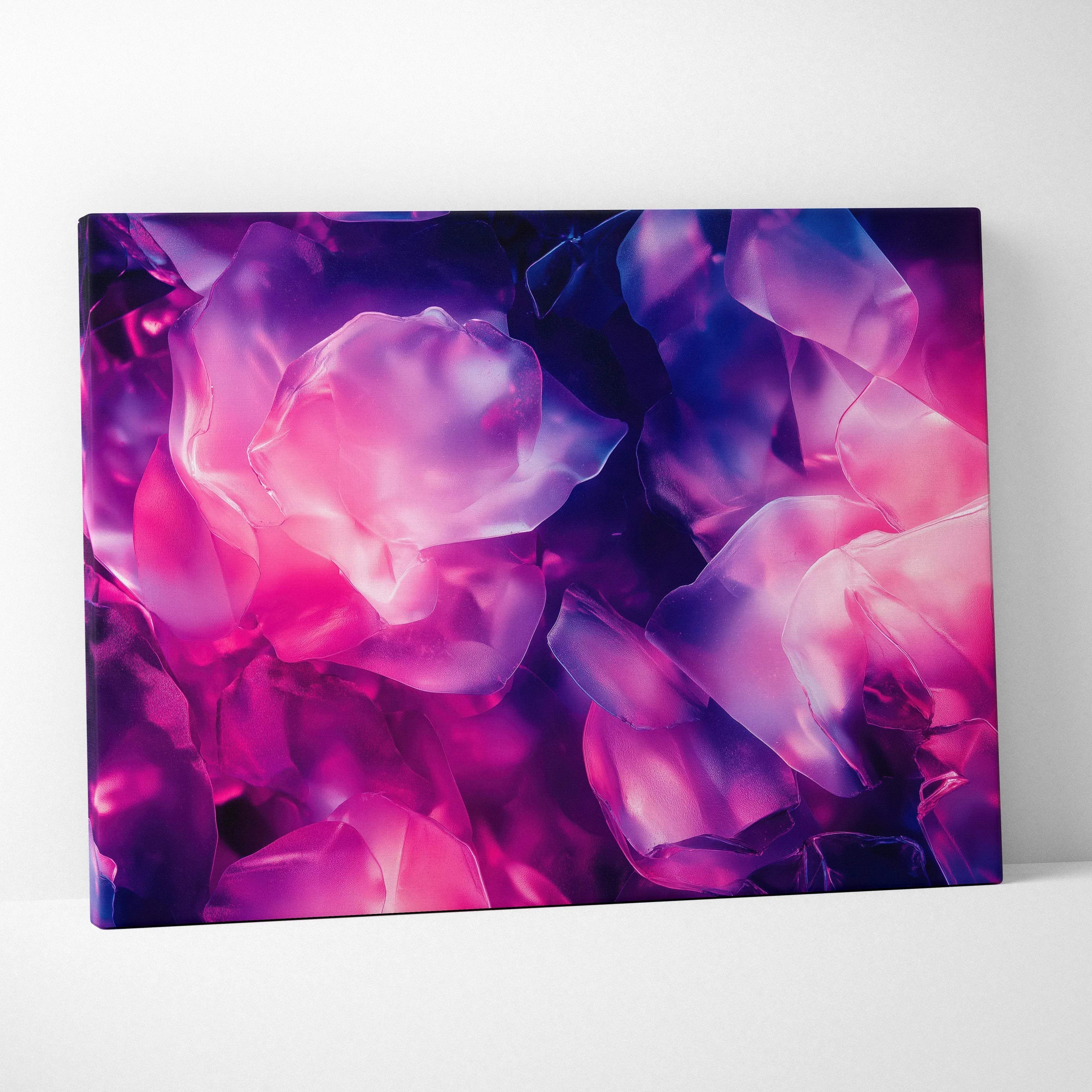 A modern abstract canvas wall art with translucent glowing pink and purple rose petals and a glossy finish