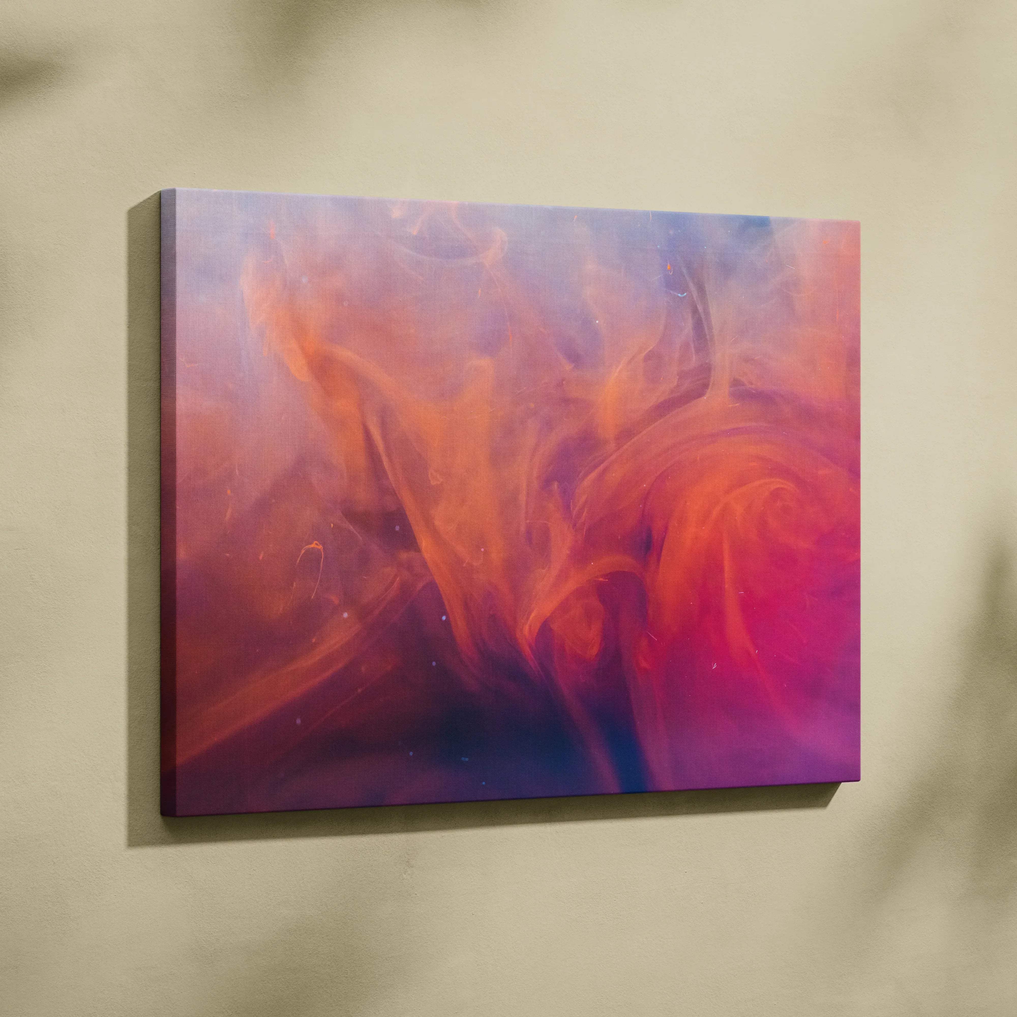 Vibrant abstract colorful swirl canvas wall art with swirling orange pink and purple gradients on stretched fabric