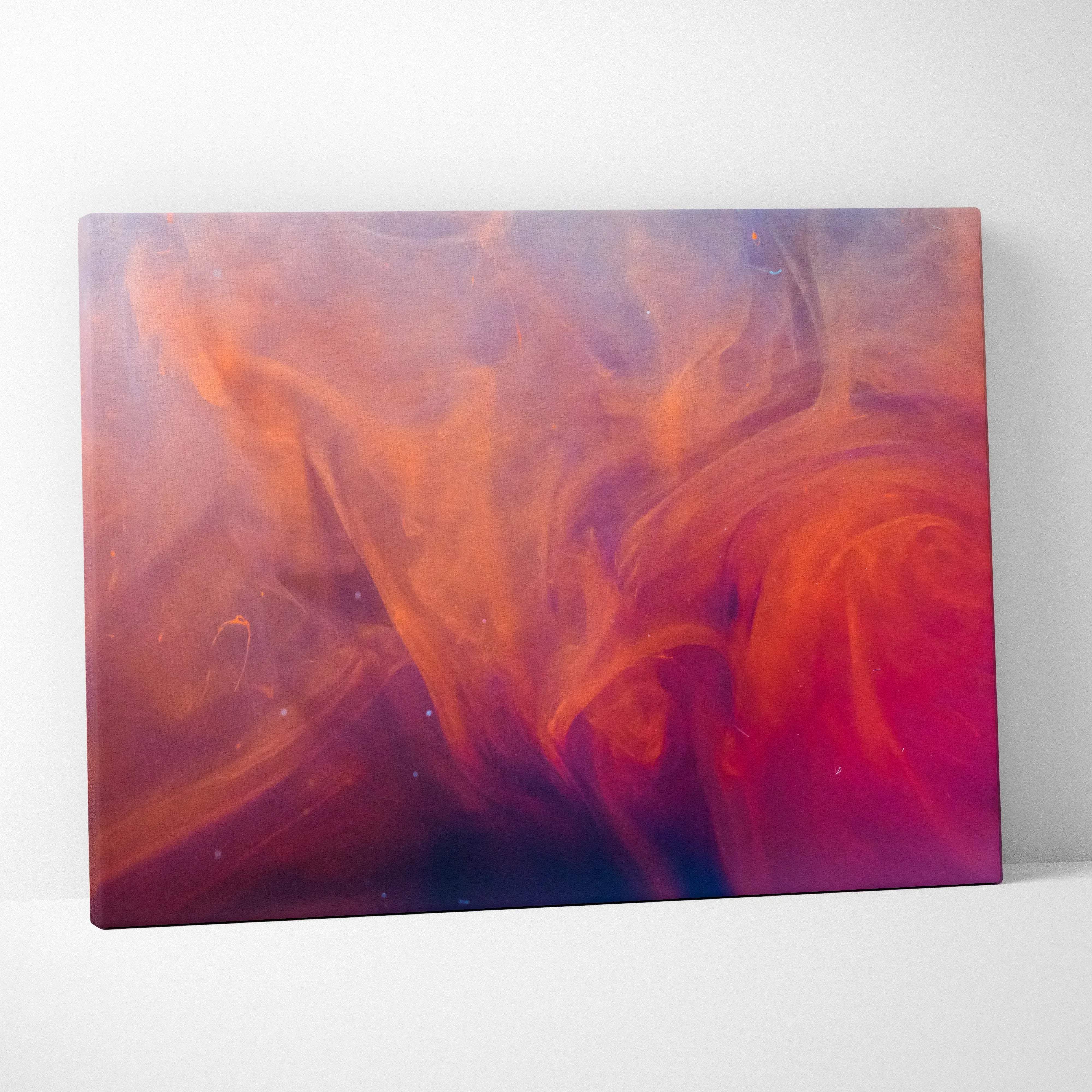 A vibrant abstract colorful swirl canvas wall art with warm orange pink and deep purple hues for contemporary decor