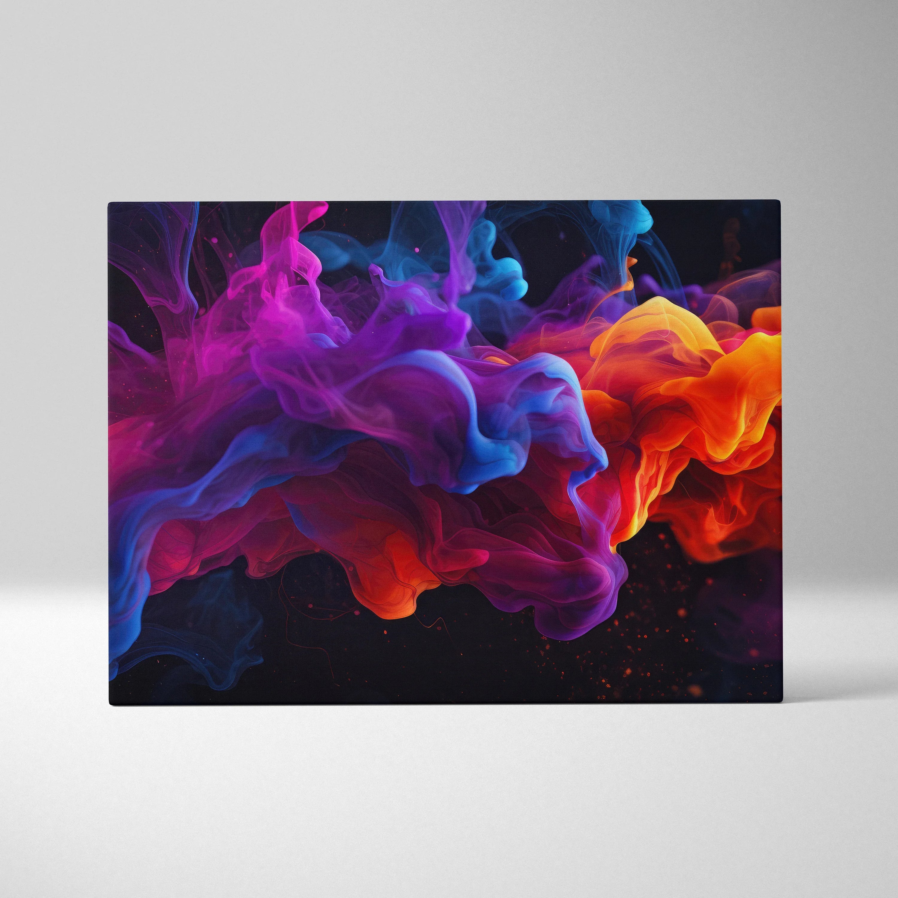 Canvas wall art featuring vibrant abstract digital swirls in purple, blue, and orange tones on a dark background.