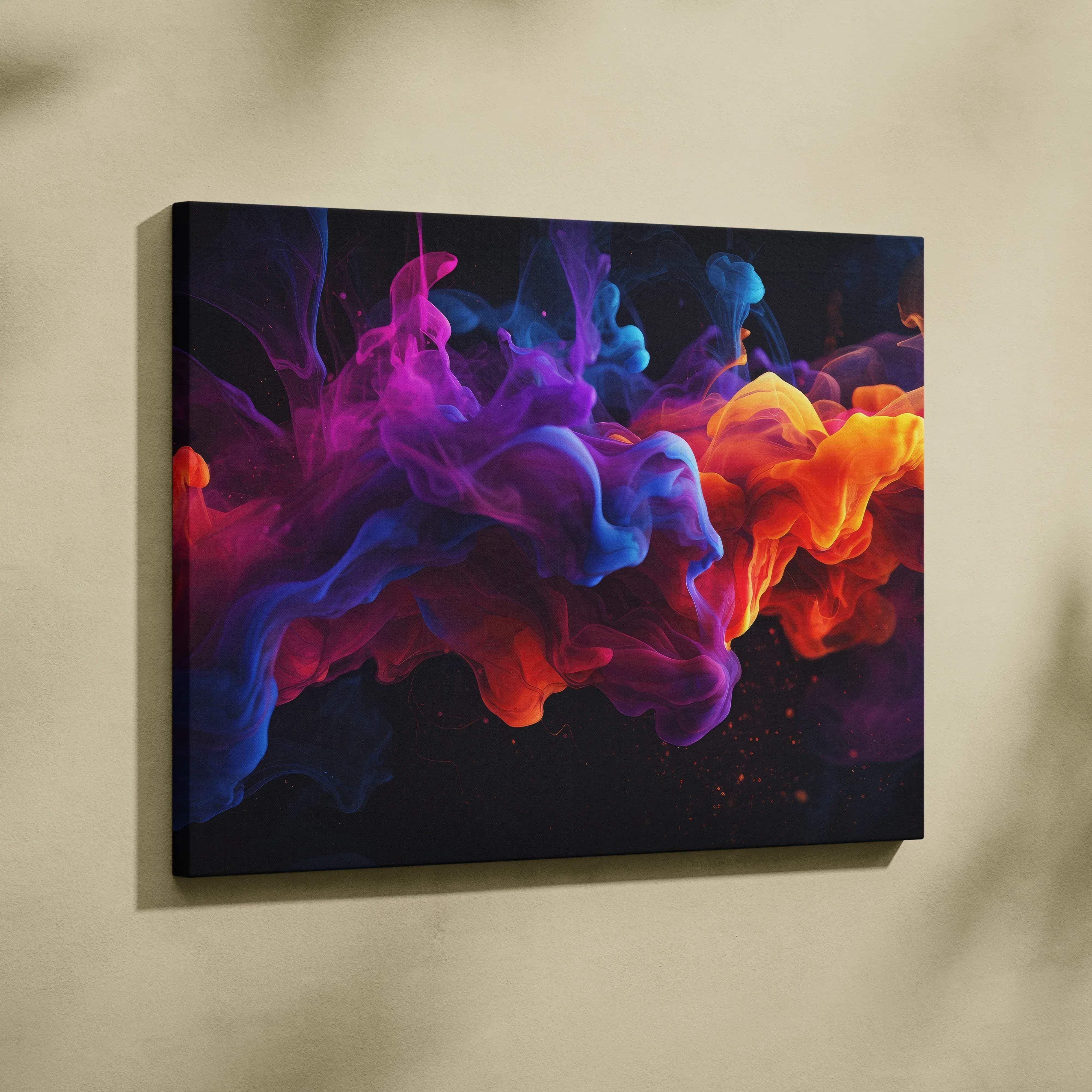 Modern abstract canvas wall art with vibrant energetic colorful smoke swirls in blues purple and orange on dark background