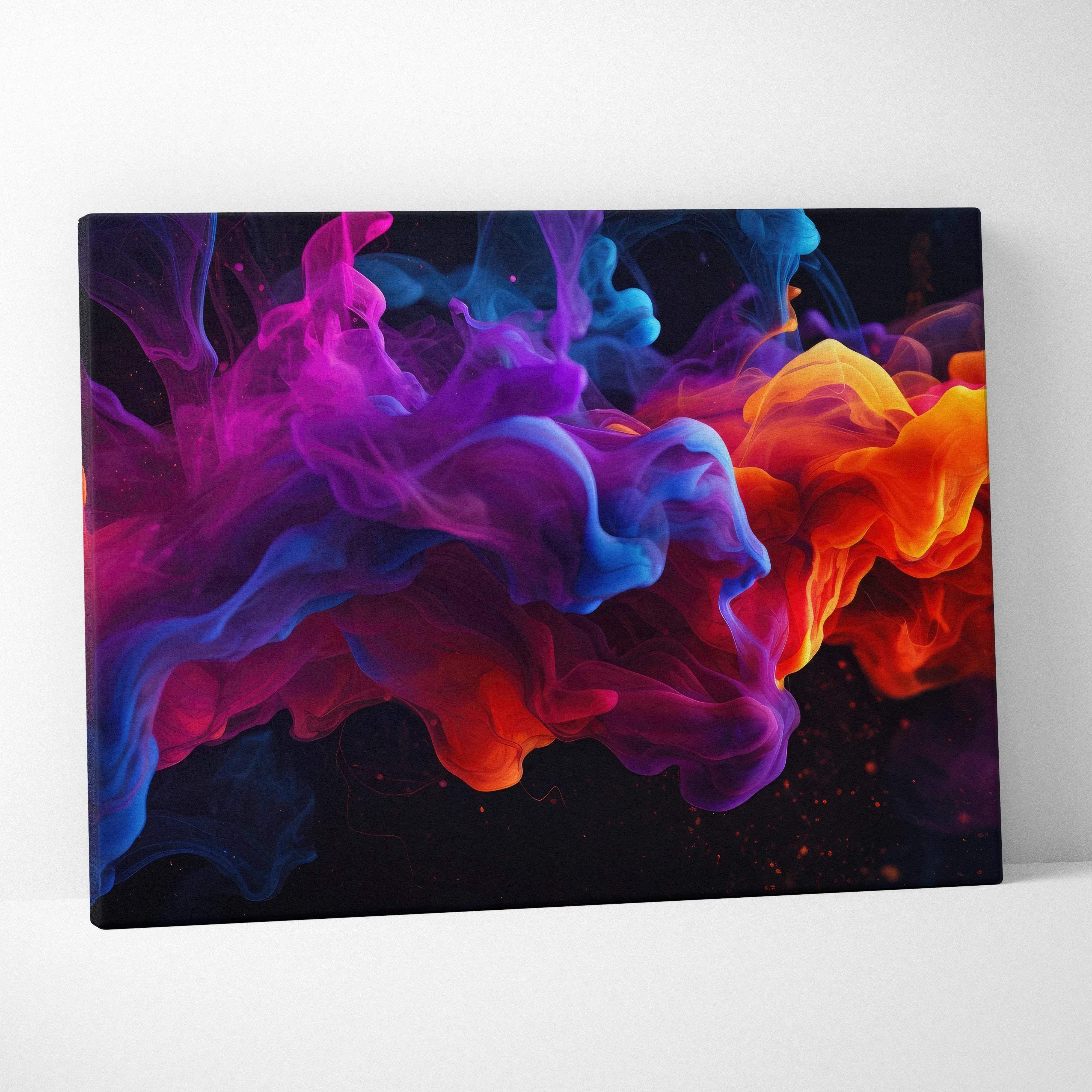 Vibrant modern abstract canvas wall art featuring colorful smoke swirls in blues purple and orange on dark background