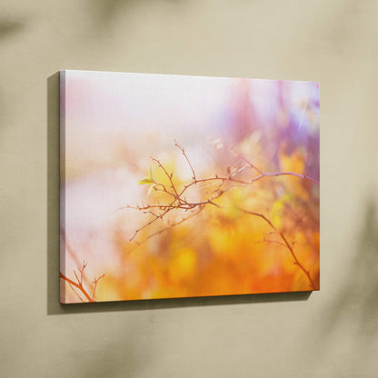 Dreamy soft focus cherry blossom canvas wall art in warm sunset palette