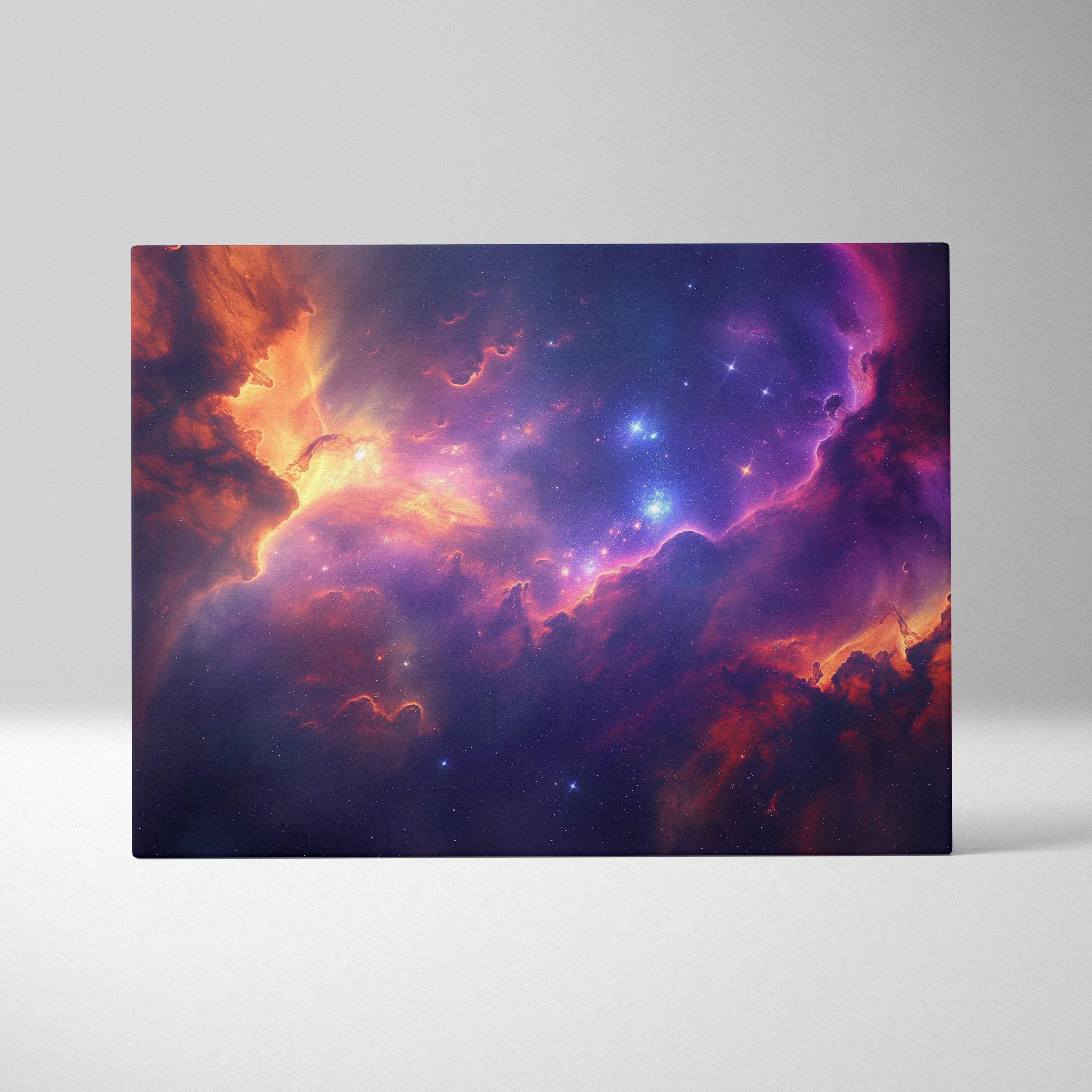Abstract digital canvas art with vibrant purple, orange, and blue cosmic cloud swirls on wall art canvas.