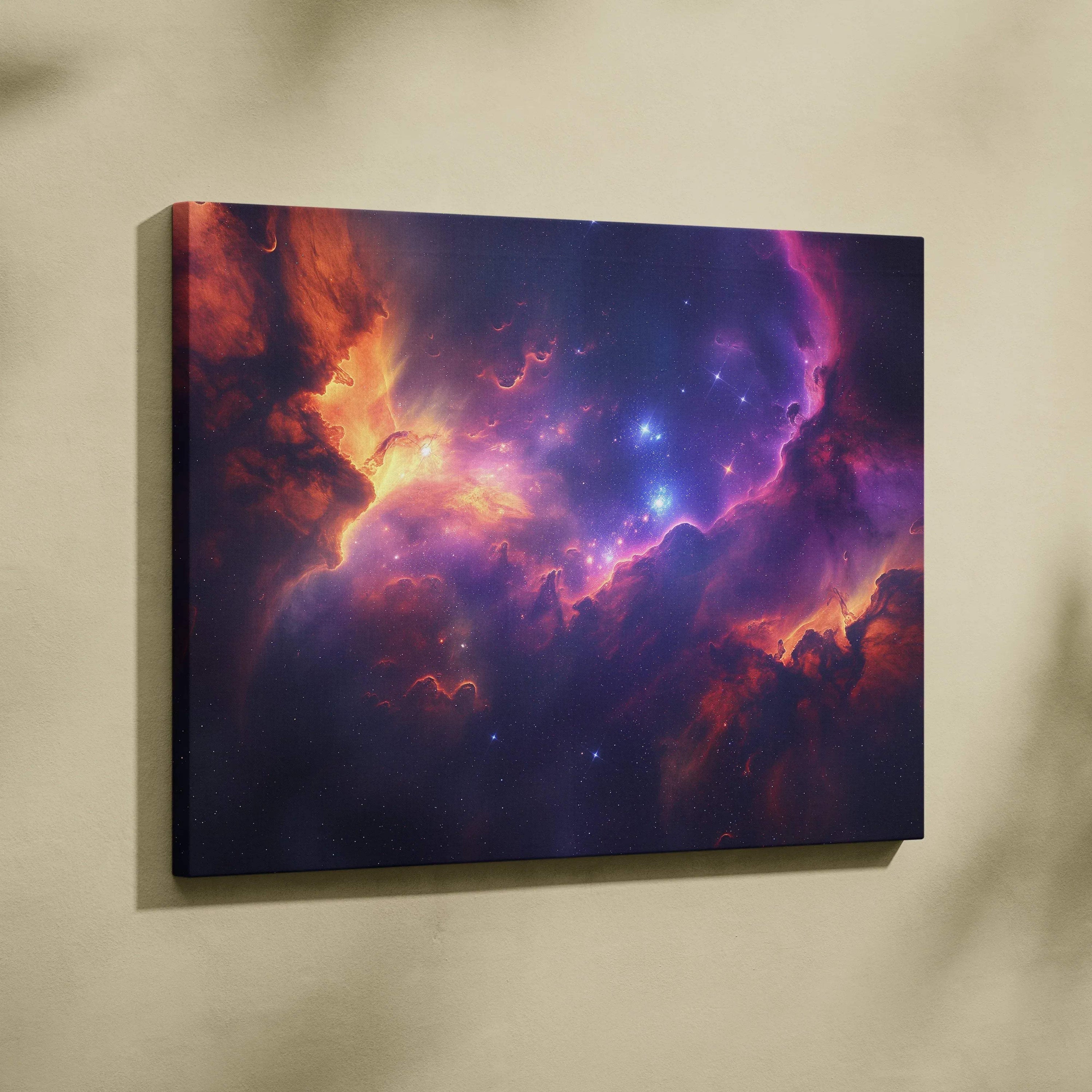 Abstract cosmic scene with vibrant purple, orange, and blue hues on canvas wall art.