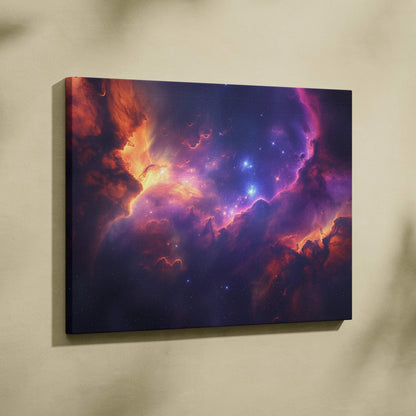 Abstract cosmic scene with vibrant purple, orange, and blue hues on canvas wall art.