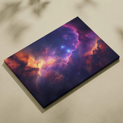 Abstract digital canvas art featuring vibrant purple, pink, and orange cosmic nebula with star clusters.