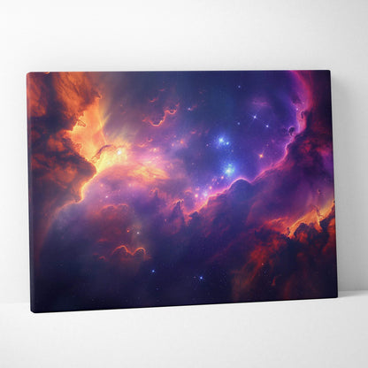 Abstract cosmic nebula with vibrant orange and purple hues on canvas wall art.