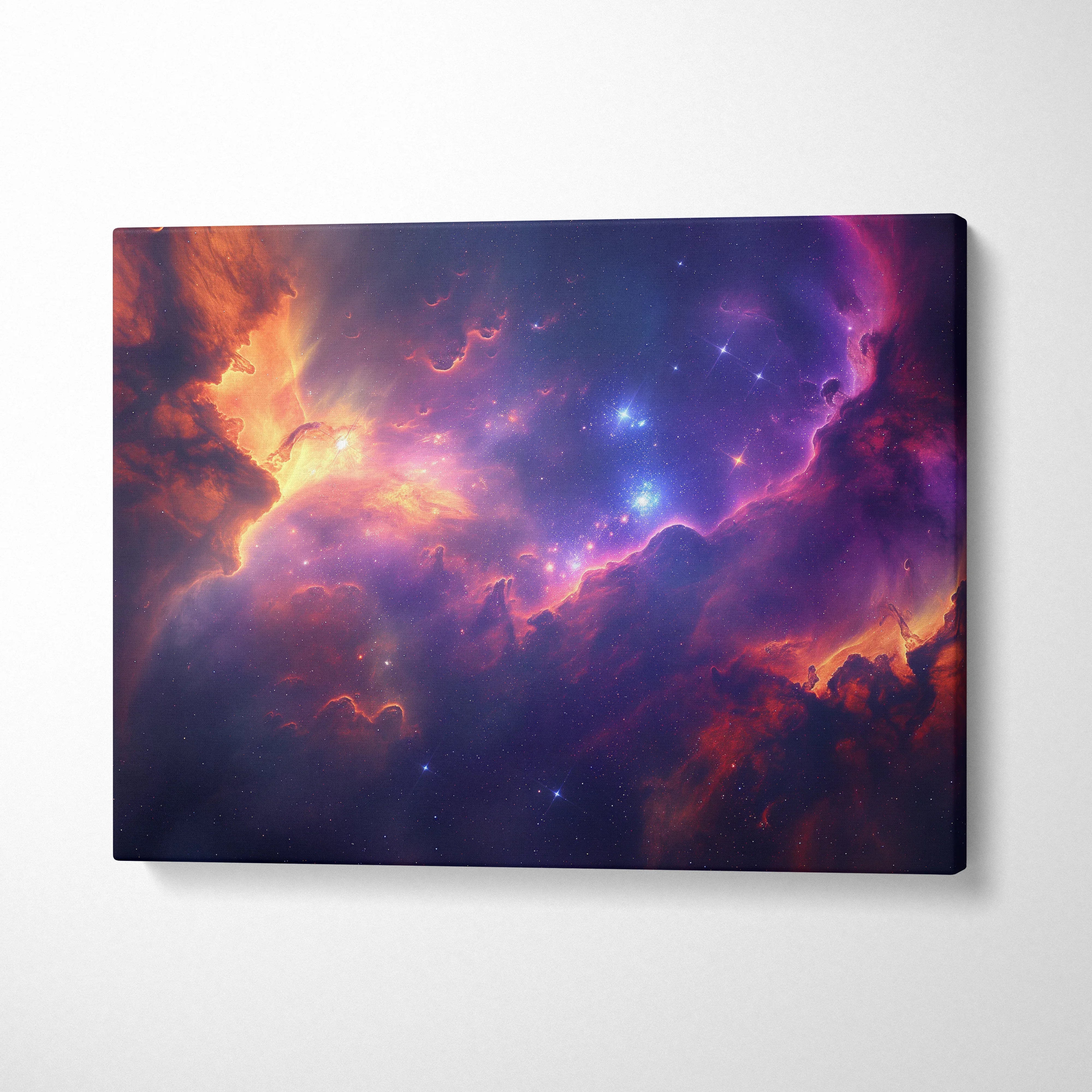 Abstract cosmic digital art on vibrant purple and orange canvas wall art.