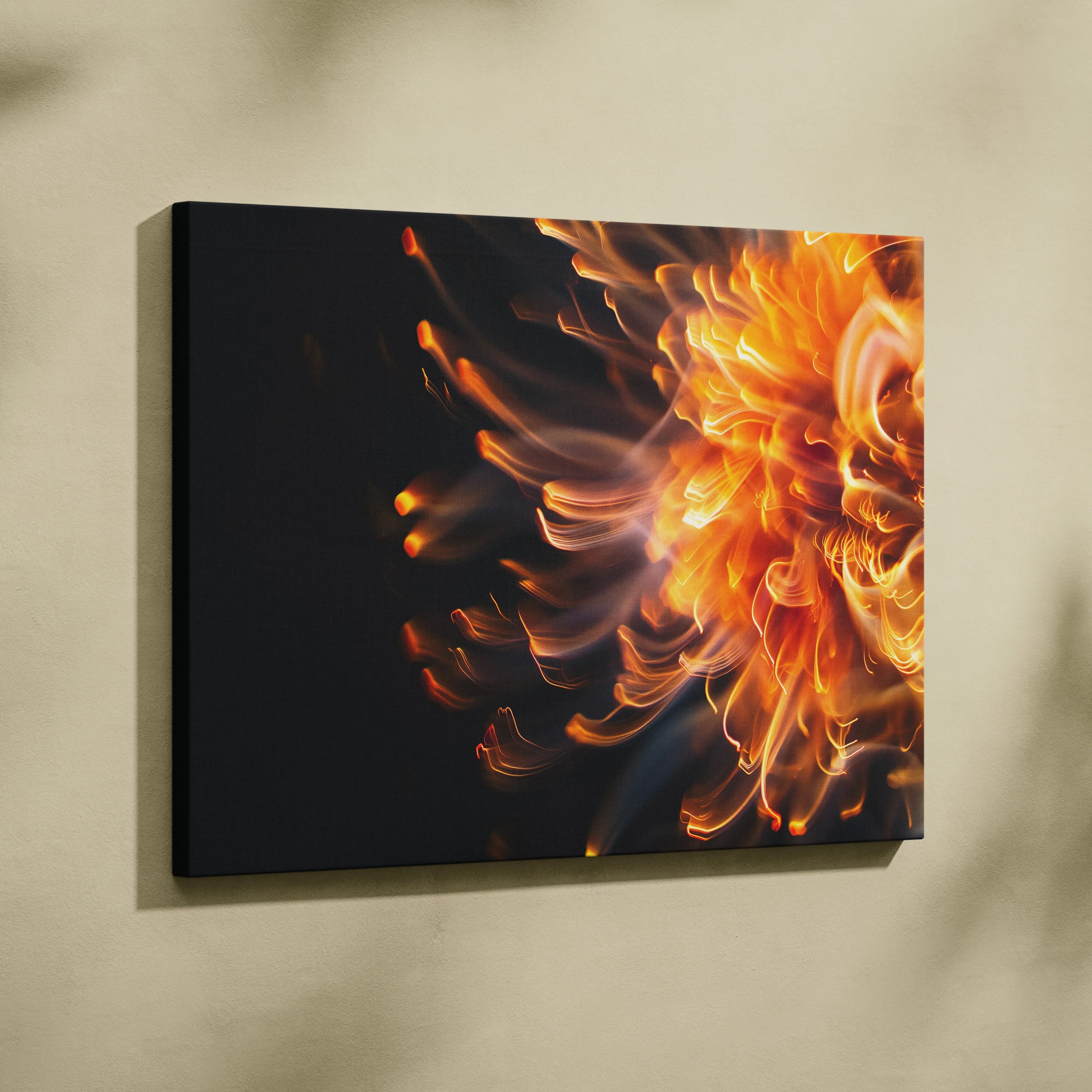 Abstract digital art canvas wall art featuring vibrant orange and yellow flames on black background.