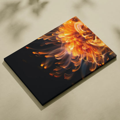 Modern abstract digital art canvas print with vibrant orange and yellow floral design on black background wall art.