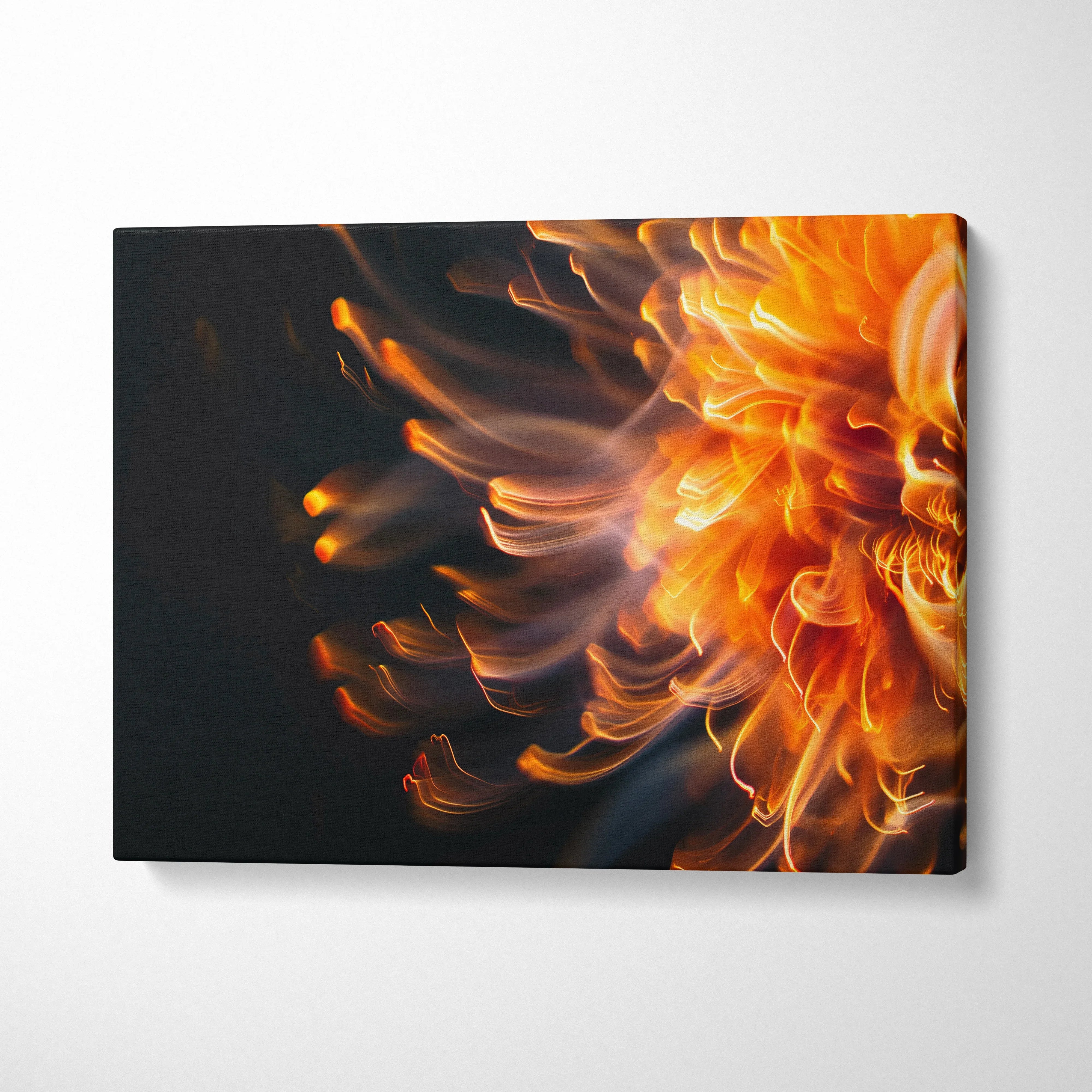 Abstract orange and black floral swirl on modern digital art canvas wall art.