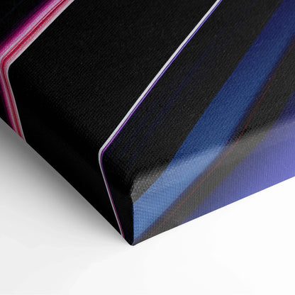 Close-up of abstract digital art canvas corner with black, purple, and blue geometric shapes and smooth texture.