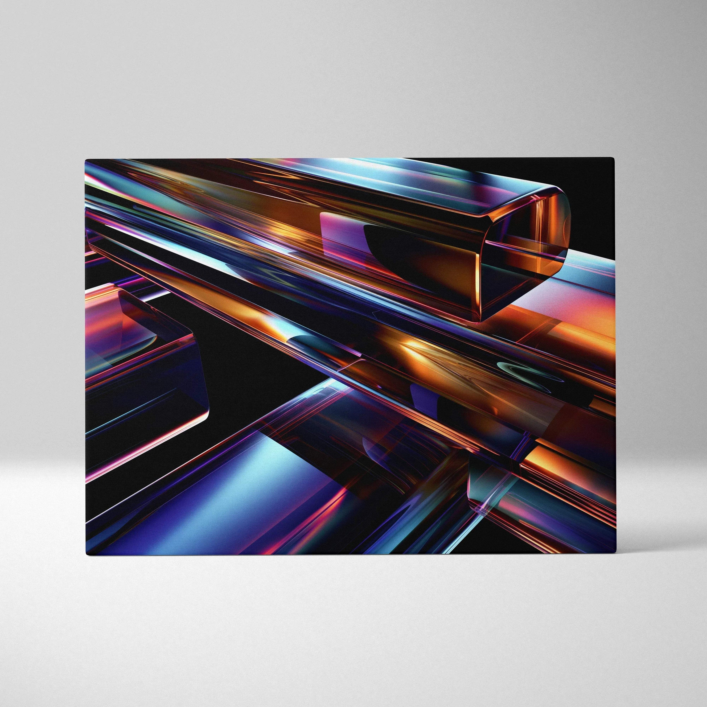 Abstract digital canvas wall art featuring vibrant, reflective multicolored geometric shapes with a glossy finish.