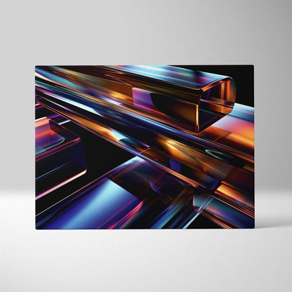 Abstract digital canvas wall art featuring vibrant, reflective multicolored geometric shapes with a glossy finish.