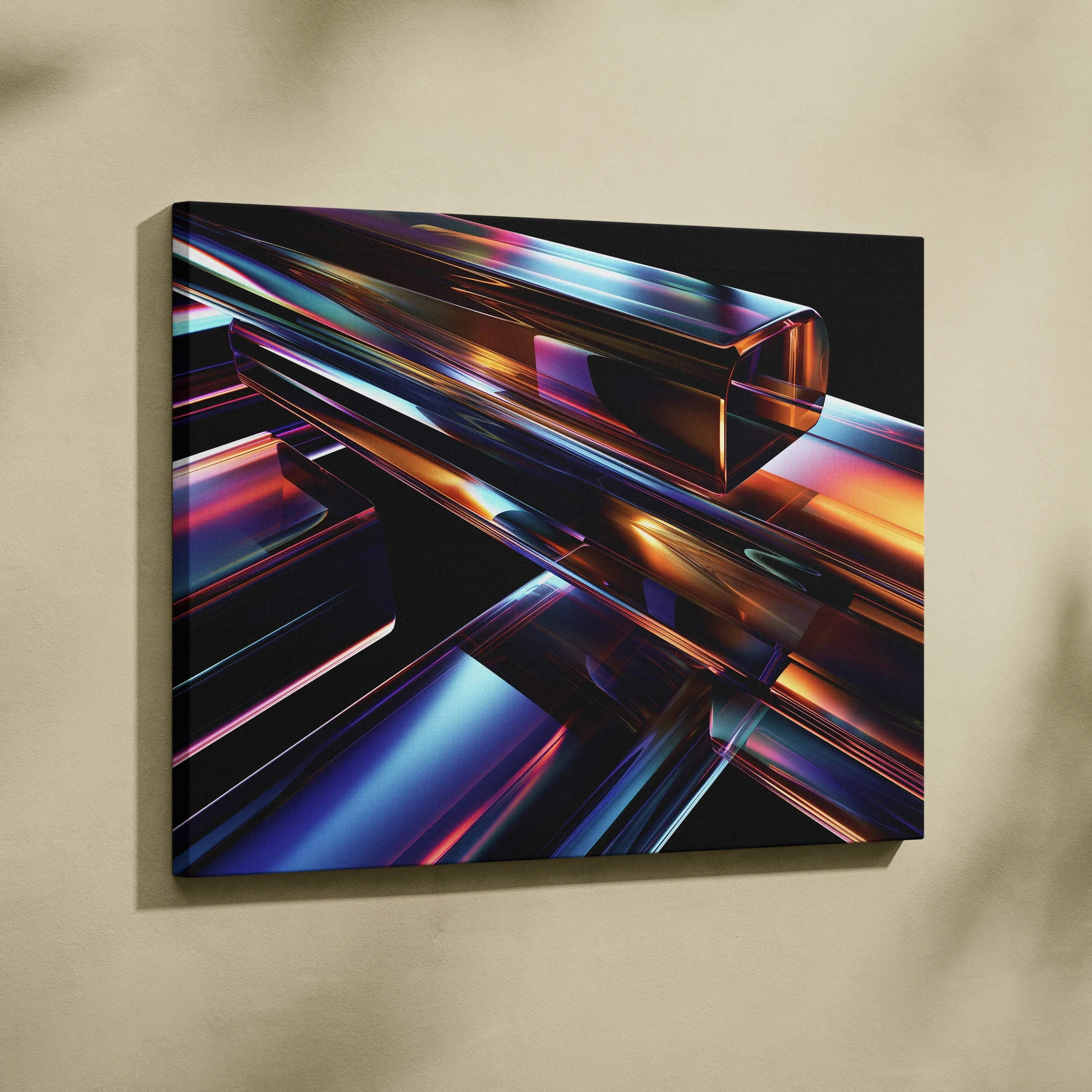 Abstract digital art canvas wall print with colorful reflective geometric shapes on black background.