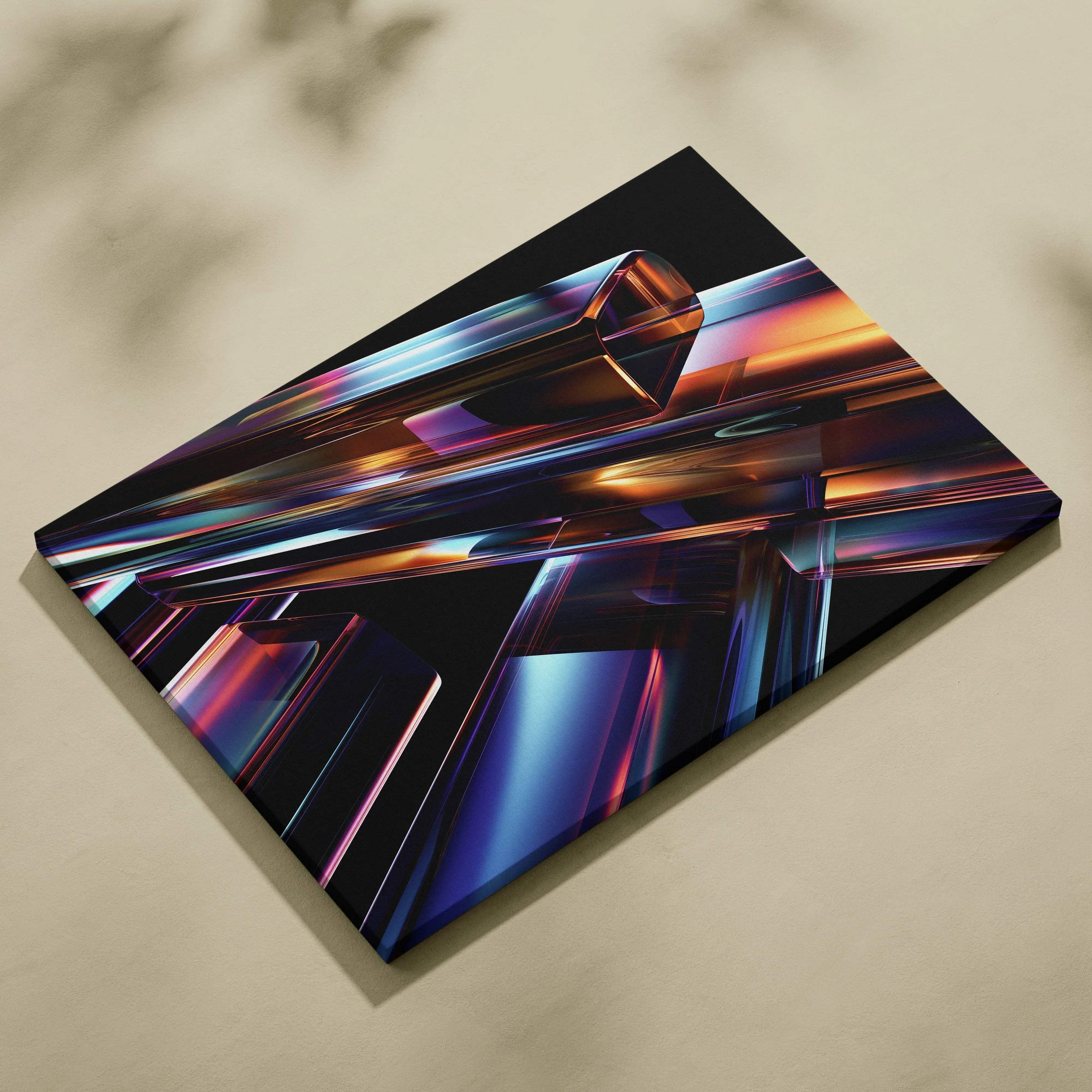 Abstract digital canvas art with reflective geometric shapes in vibrant blues, purples, and oranges on black background.