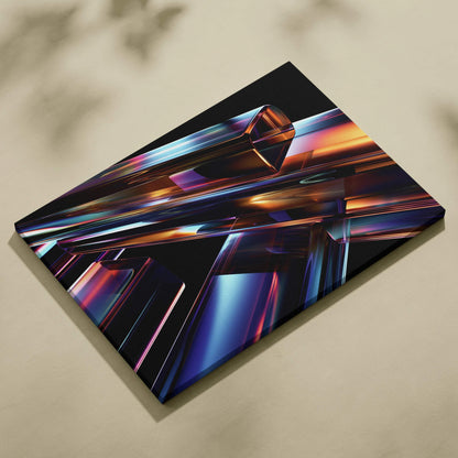 Abstract digital canvas art with reflective geometric shapes in vibrant blues, purples, and oranges on black background.