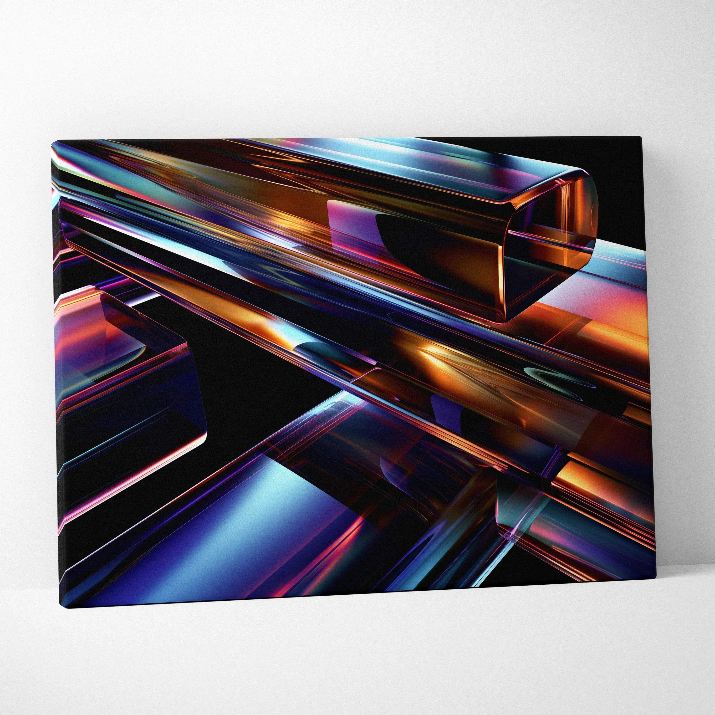 Abstract digital art canvas wall print featuring glossy, elongated rectangular shapes in vibrant blue, purple, and orange.