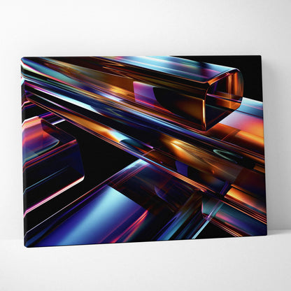 Abstract digital art canvas wall print featuring glossy, elongated rectangular shapes in vibrant blue, purple, and orange.