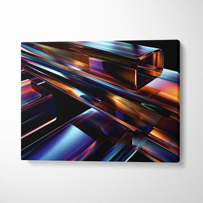 Abstract digital art on canvas wall art featuring vibrant multicolored reflective geometric shapes in a horizontal layout.