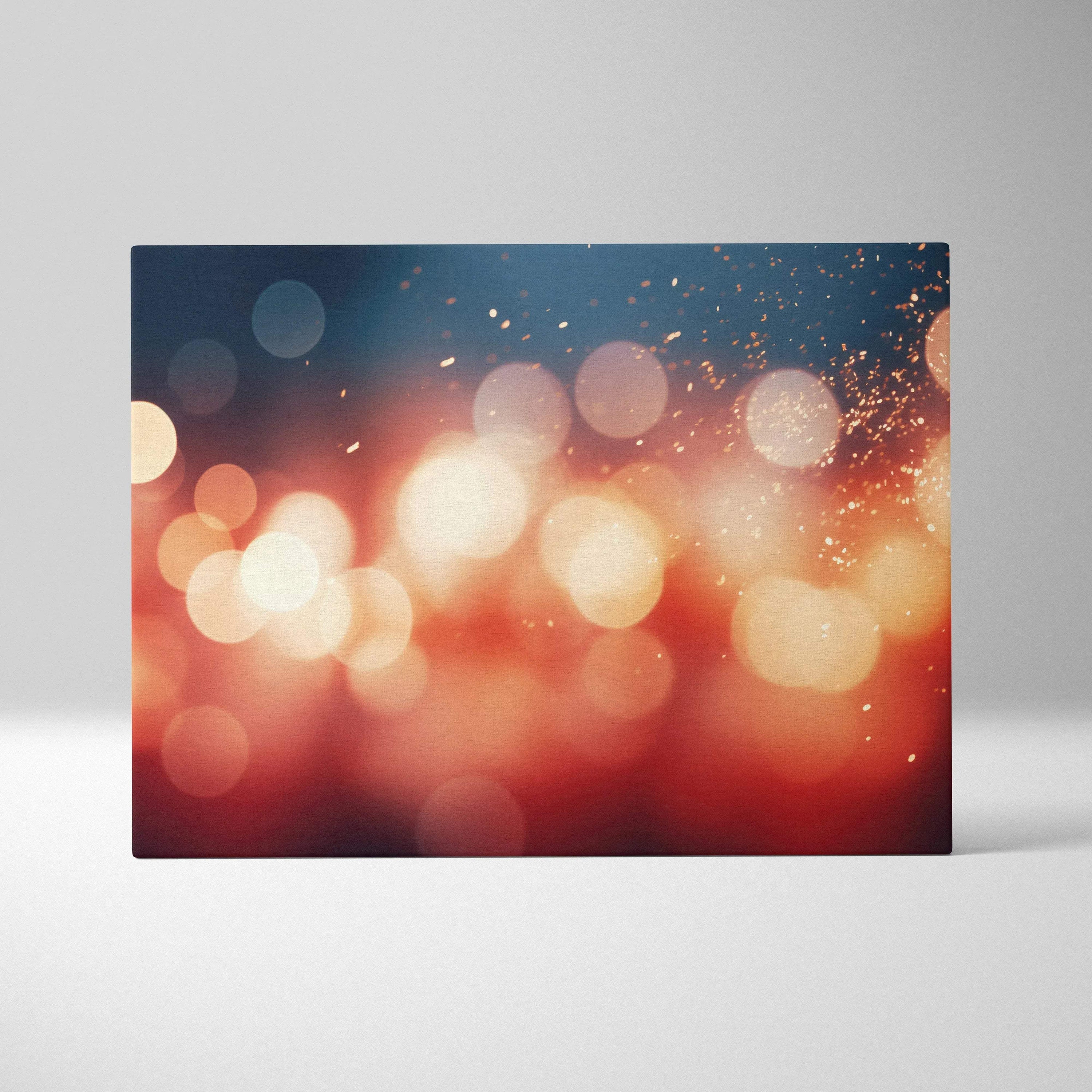 Canvas art featuring vibrant abstract digital design with warm orange, red, and blue bokeh lights and sparkles.