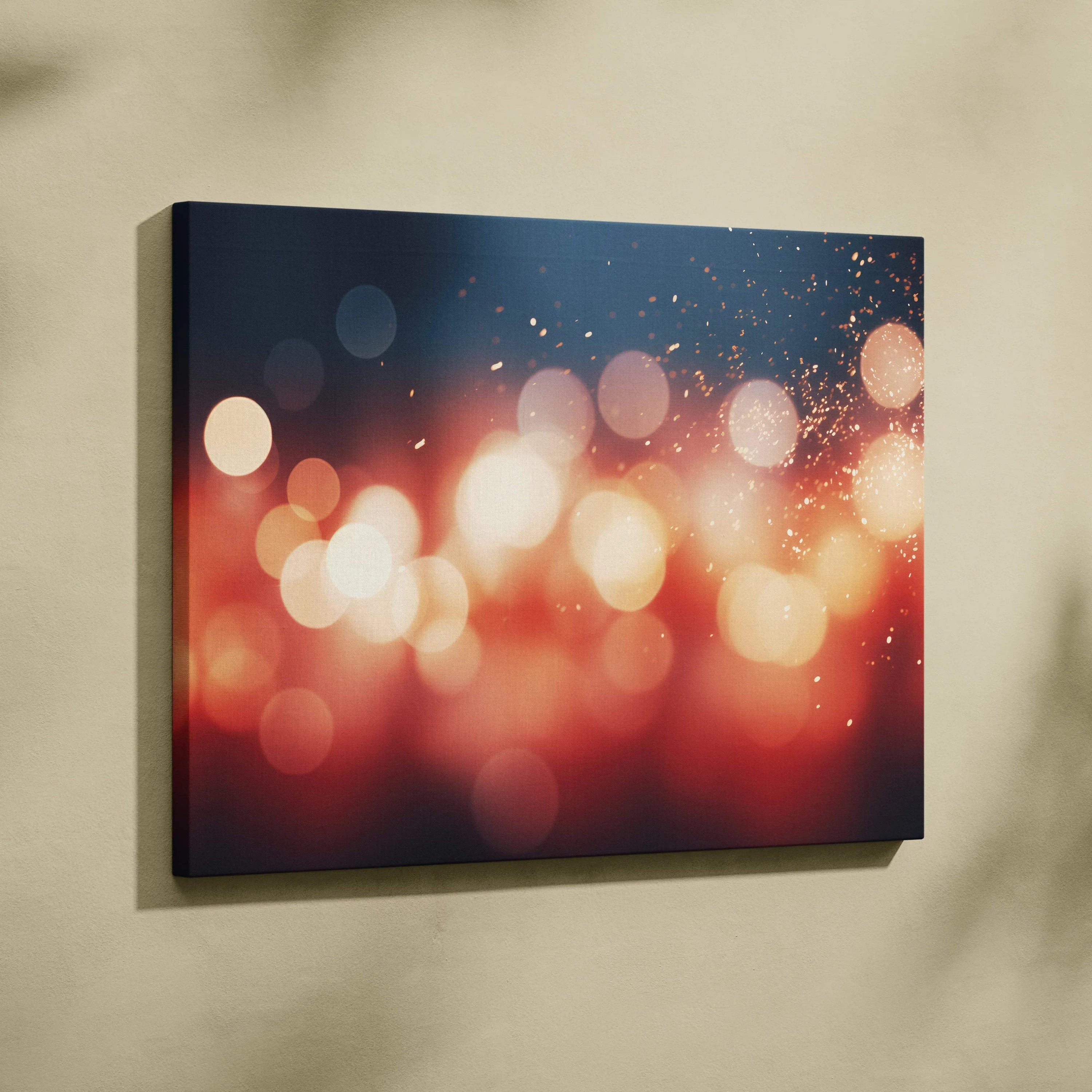 Canvas wall art featuring vibrant abstract digital design with warm red, orange, and blue bokeh lights and sparkles.