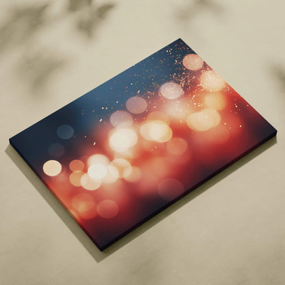 Canvas wall art featuring a vibrant abstract design with blurred bokeh lights in red, orange, and blue tones.