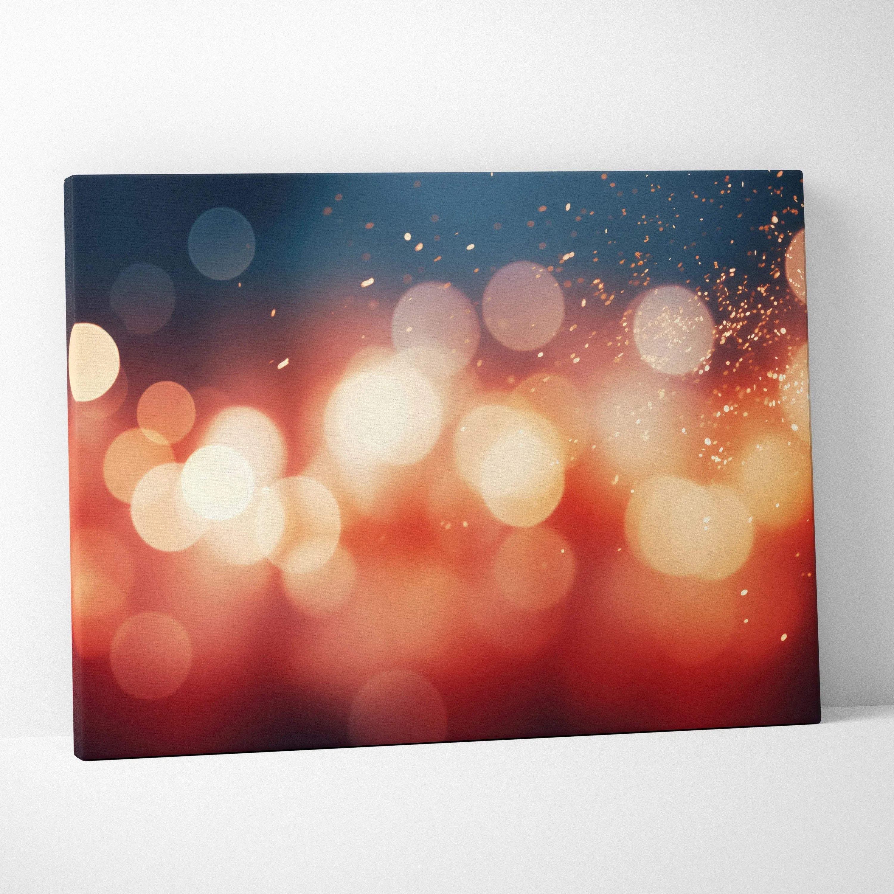 Abstract digital canvas art with warm bokeh lights in orange, red, and dark blue tones.