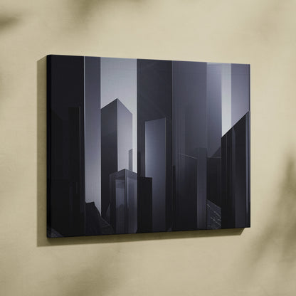 Minimalist abstract digital canvas wall art featuring layered geometric shapes in varying shades of black and gray.