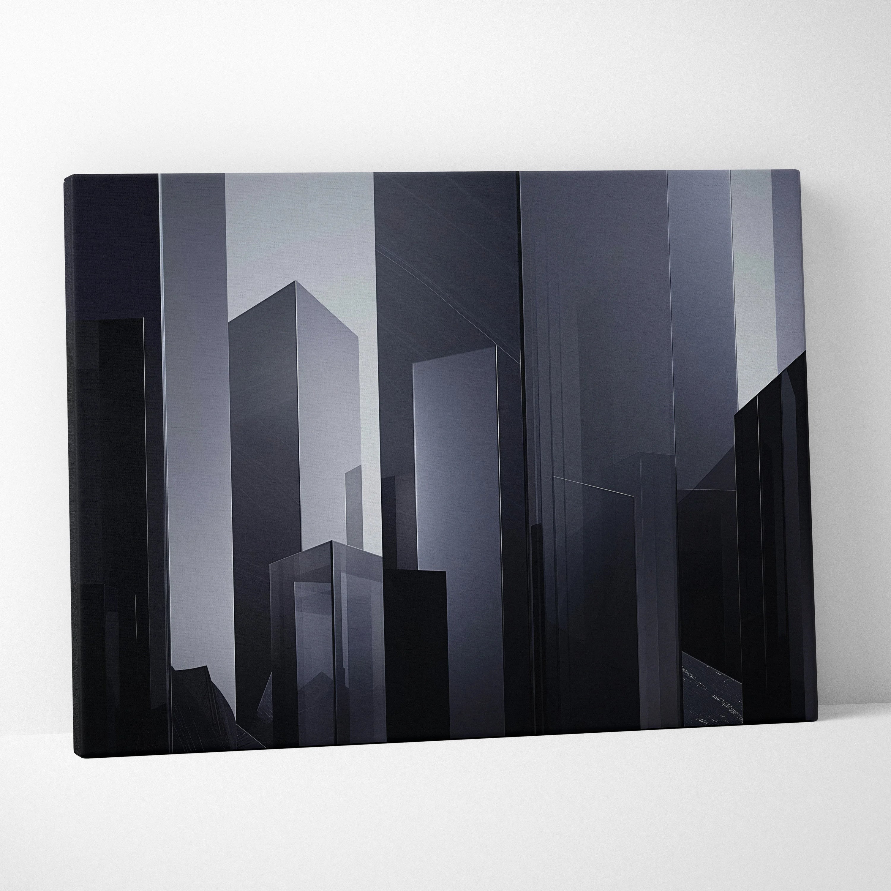 Minimalist abstract digital canvas wall art featuring dark geometric skyscraper shapes in shades of black, gray, and deep.