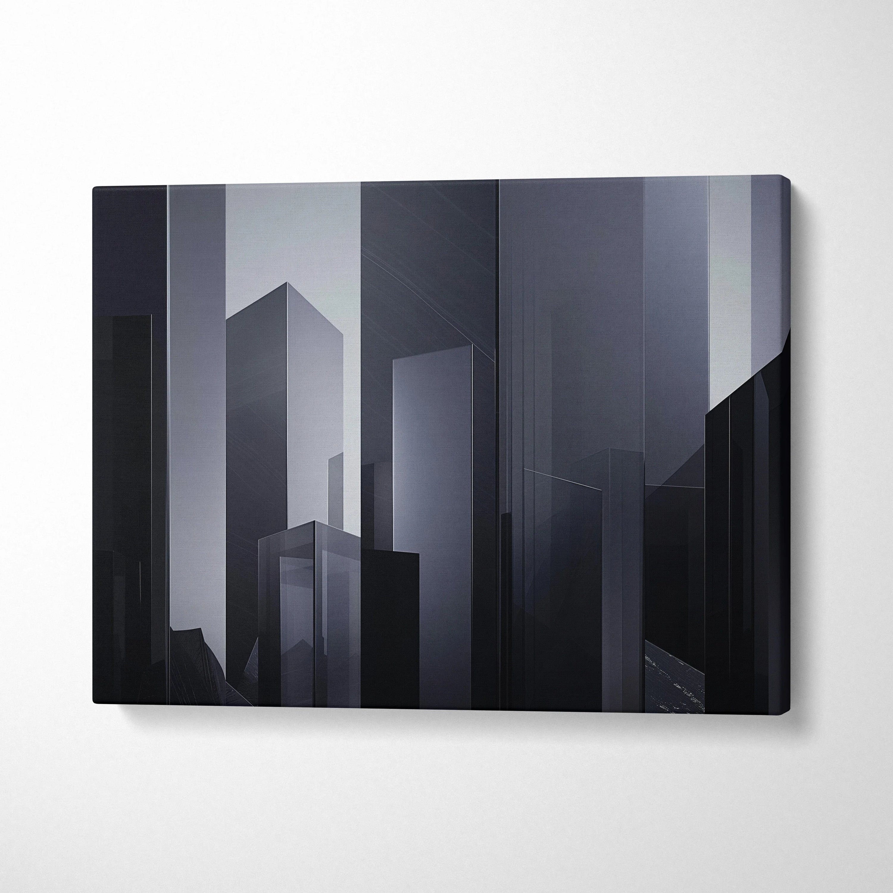 Minimalist abstract digital cityscape in shades of black and gray on canvas wall art.