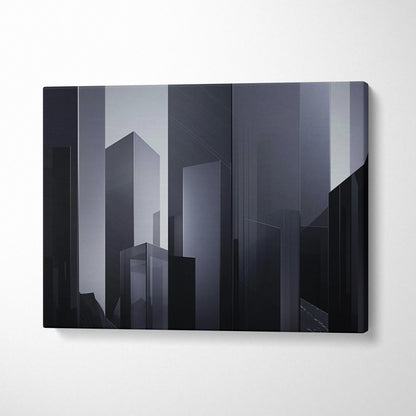 Minimalist abstract digital cityscape in shades of black and gray on canvas wall art.
