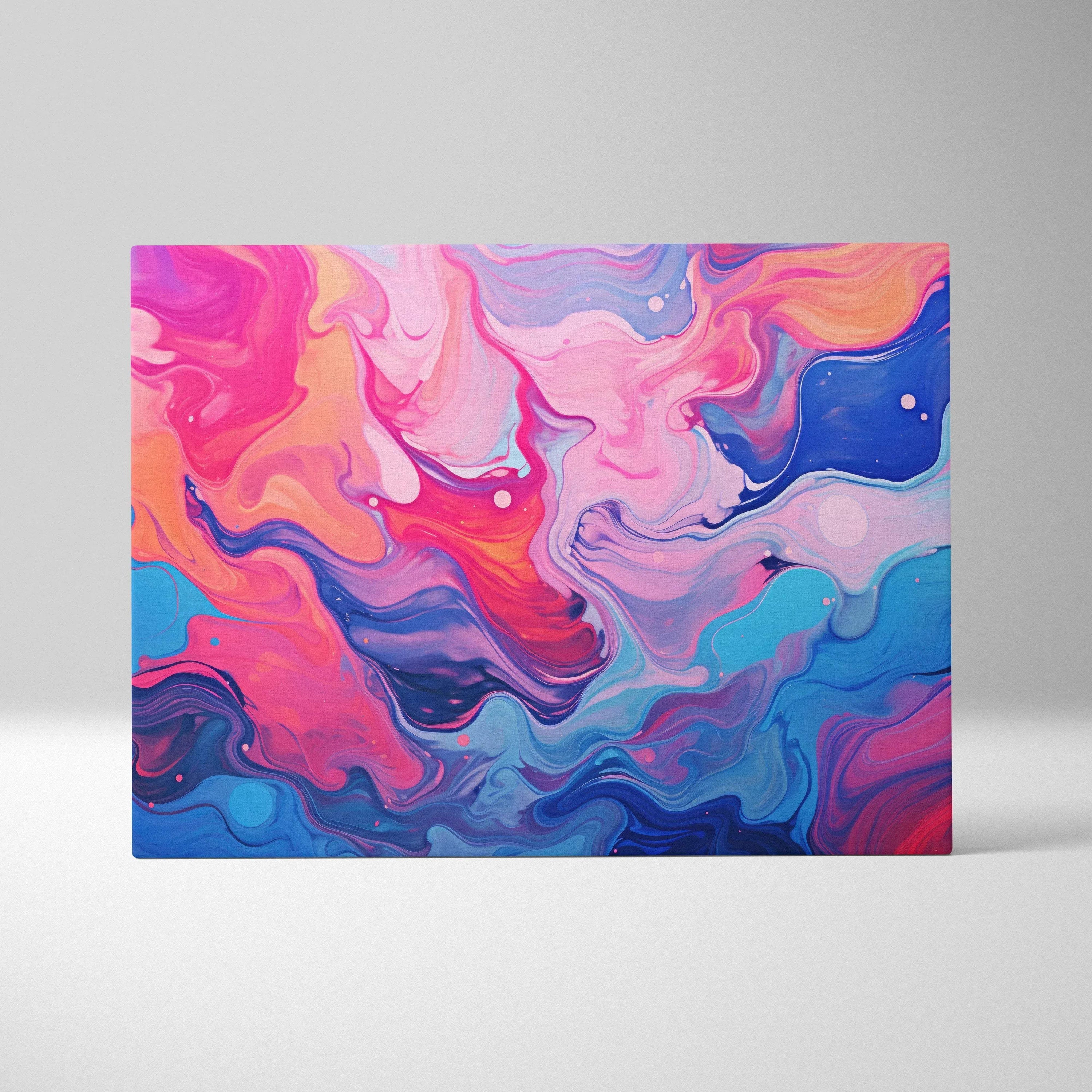 Abstract digital canvas wall art with swirling vibrant pink, blue, purple, and orange colors.