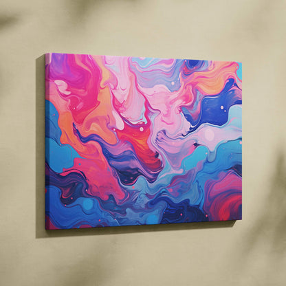 Abstract canvas wall art with swirling vibrant pink, purple, blue, and orange colors in fluid shapes.