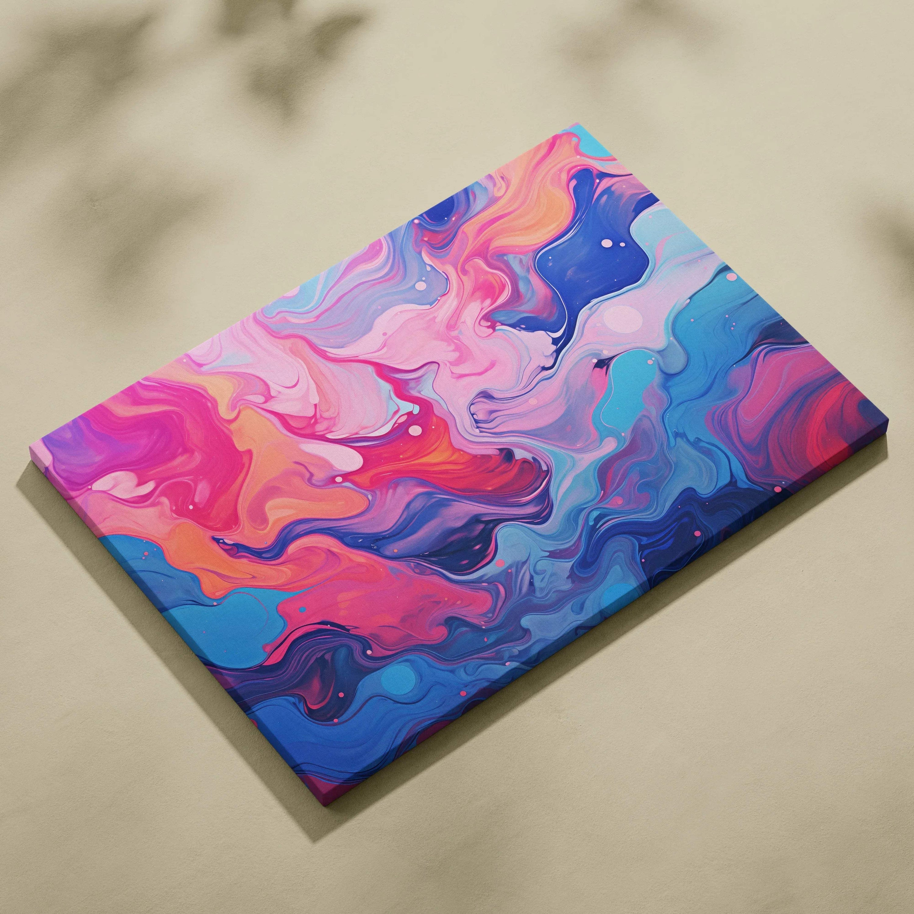 Colorful abstract digital art on canvas featuring swirling shades of pink, purple, blue, and orange.