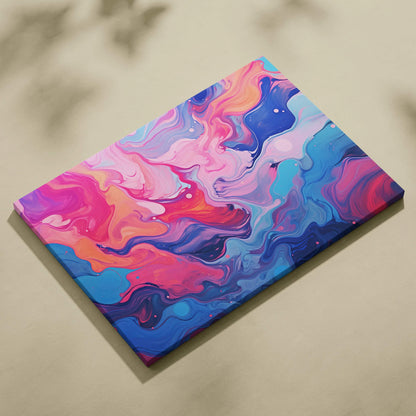 Colorful abstract digital art on canvas featuring swirling shades of pink, purple, blue, and orange.