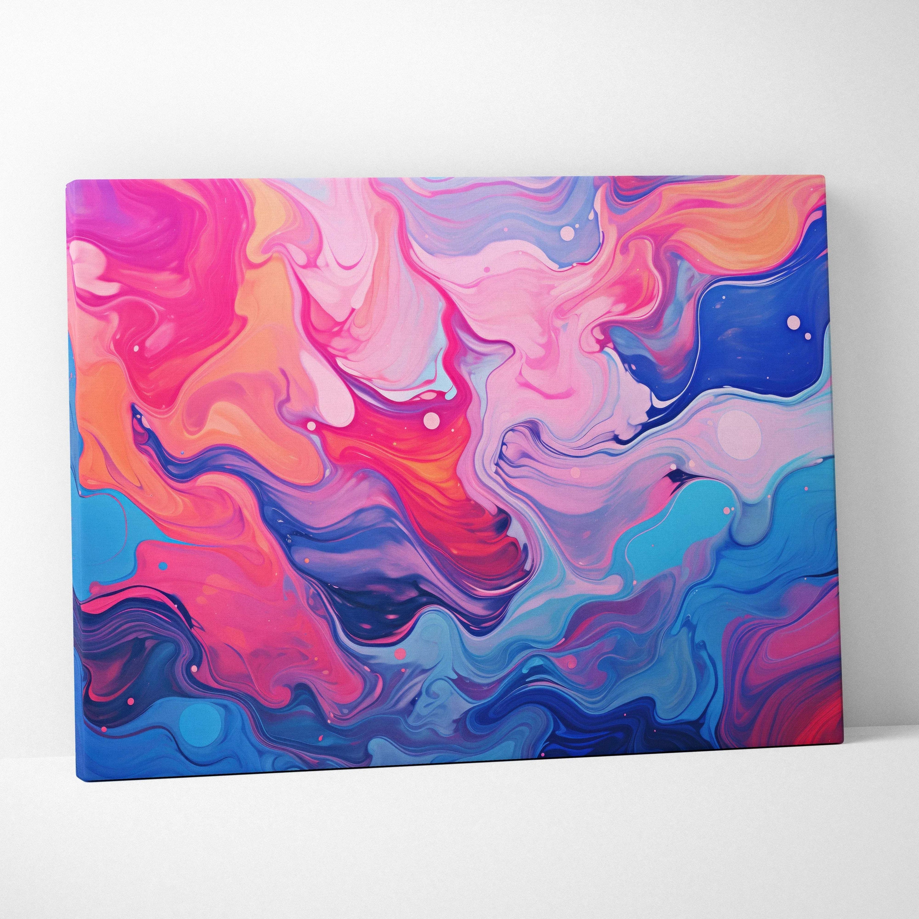 Colorful abstract canvas art with fluid swirls of pink, purple, blue, and orange on wall art canvas.