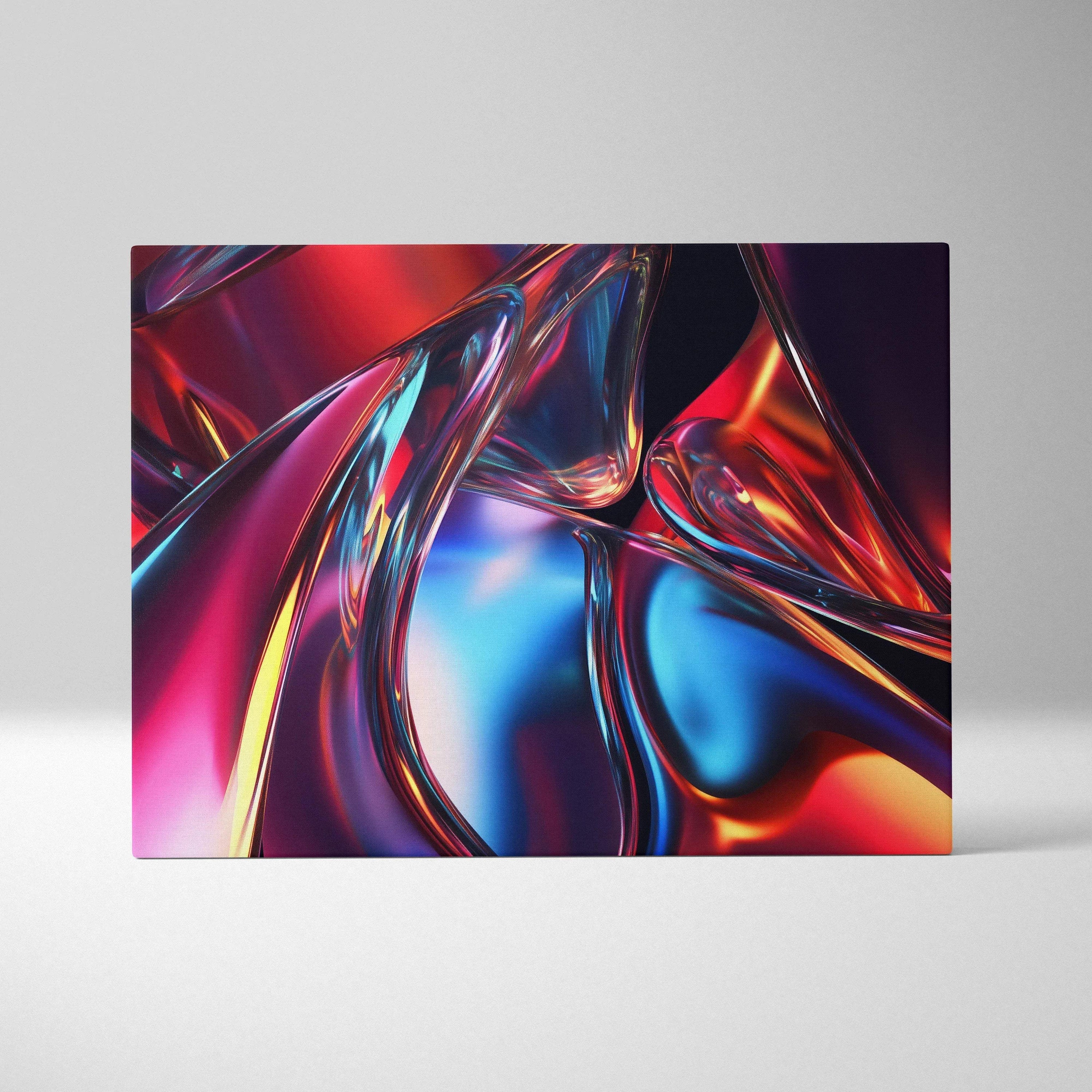 Abstract digital art canvas with swirling metallic red, blue, and purple hues creating fluid, reflective shapes.
