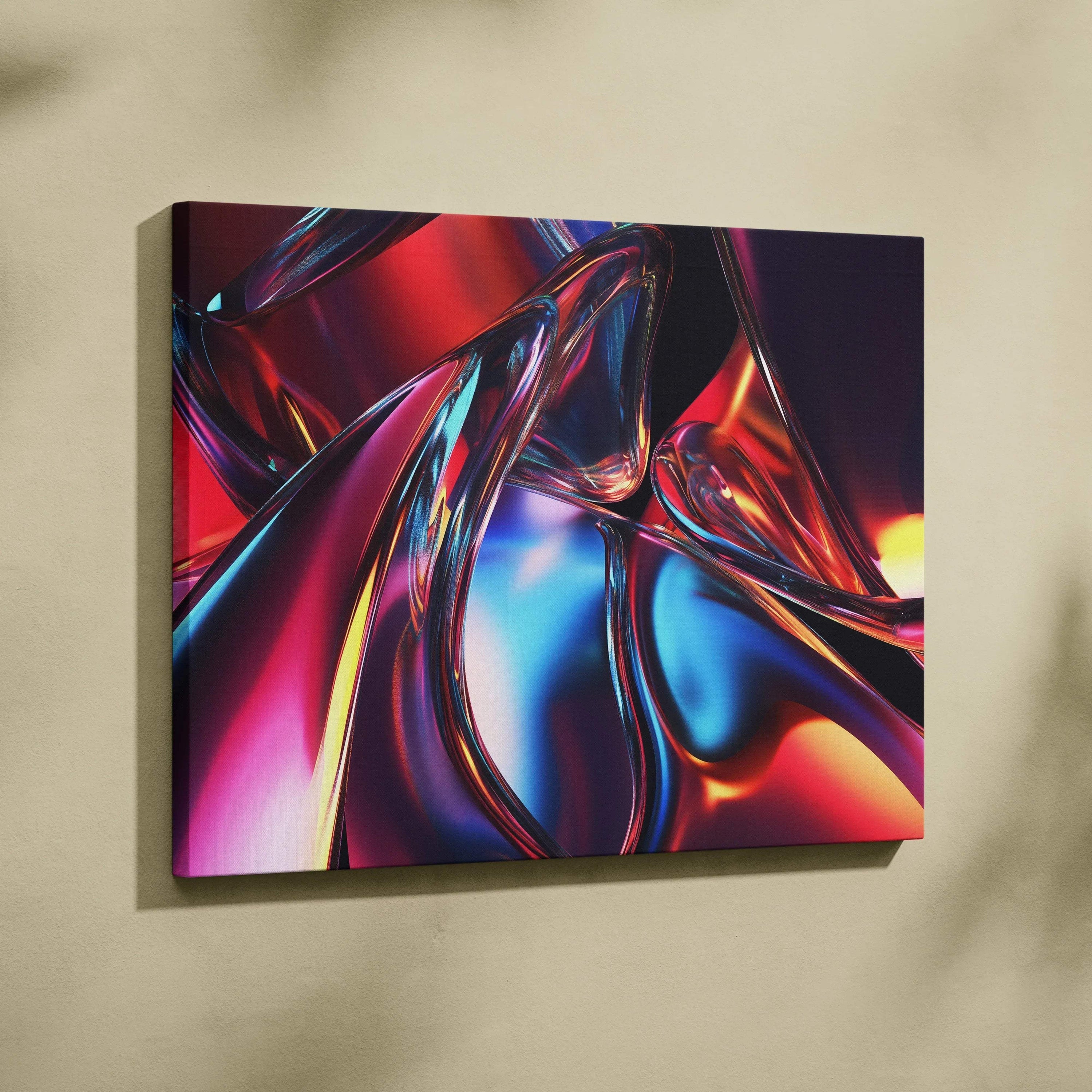 Abstract digital art canvas wall art with vibrant red, blue, and purple swirling shapes.