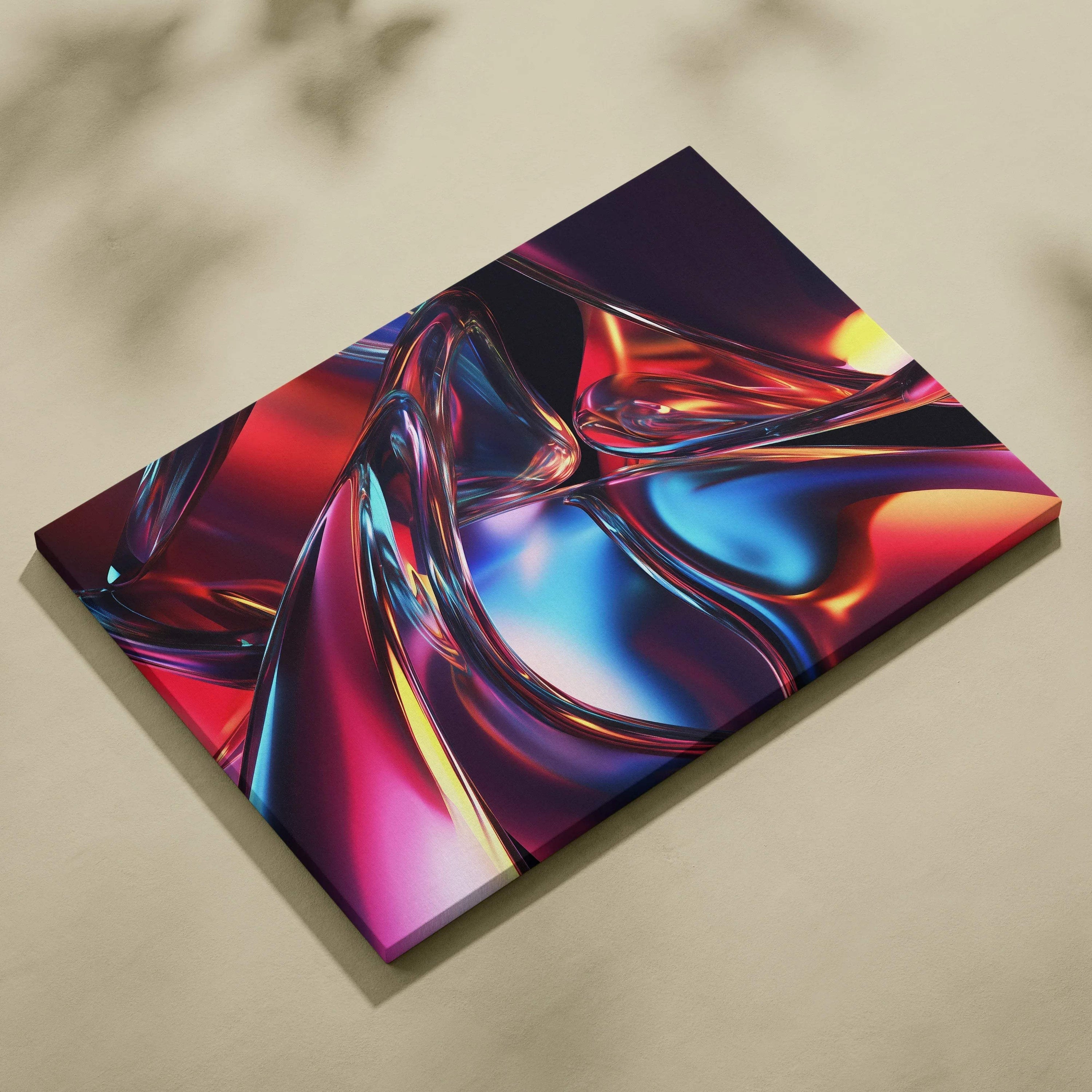 Abstract digital art canvas print featuring vibrant swirls of red, blue, and purple with glossy, fluid shapes on a sleek.
