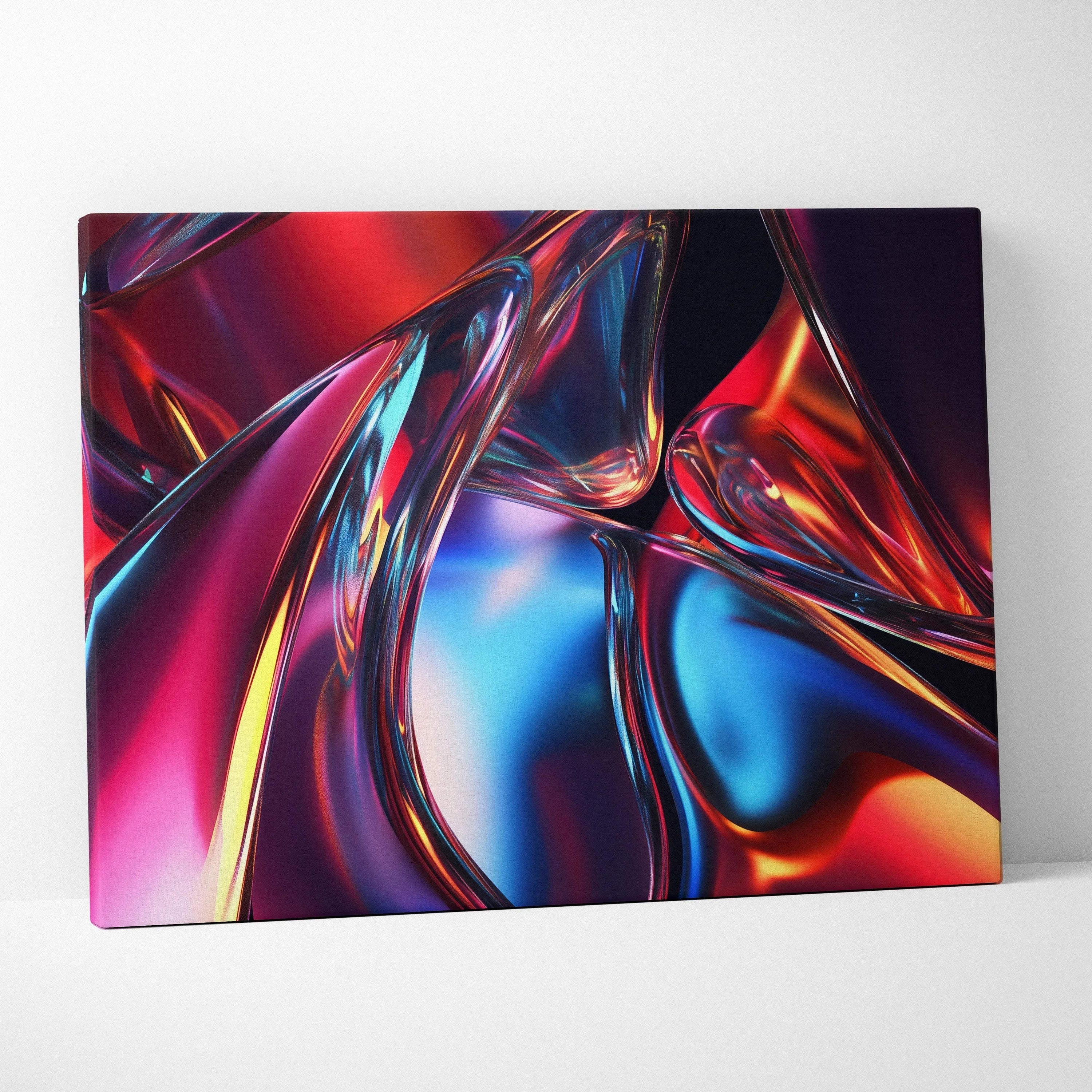 Abstract digital canvas art with fluid shapes in red, blue, and purple tones for wall decor.