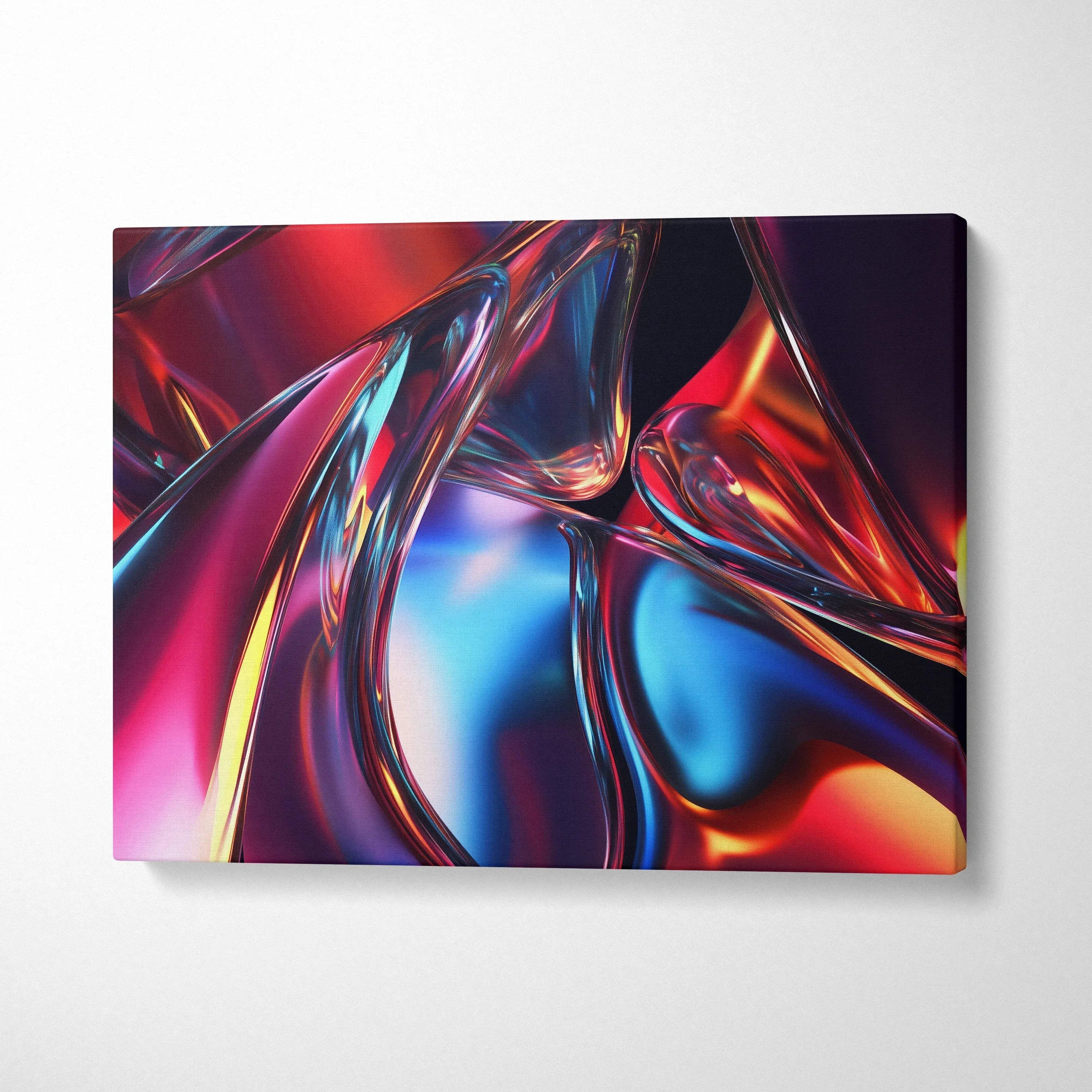 Abstract digital canvas wall art with vibrant red, blue, and purple fluid shapes and glossy textures.