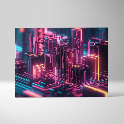 Abstract digital canvas art featuring neon pink and blue glowing geometric cityscape shapes on a dark background.