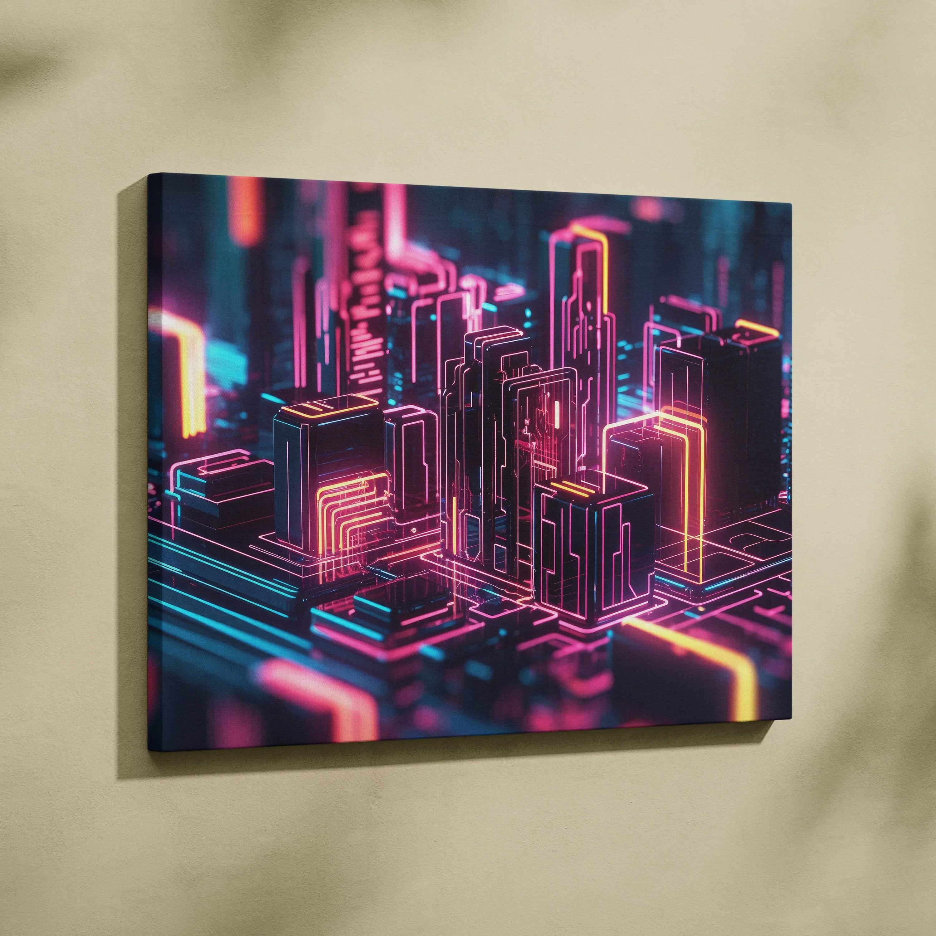 Canvas wall art featuring modern abstract digital cityscape in neon pink, blue, and purple tones with glowing lines and.