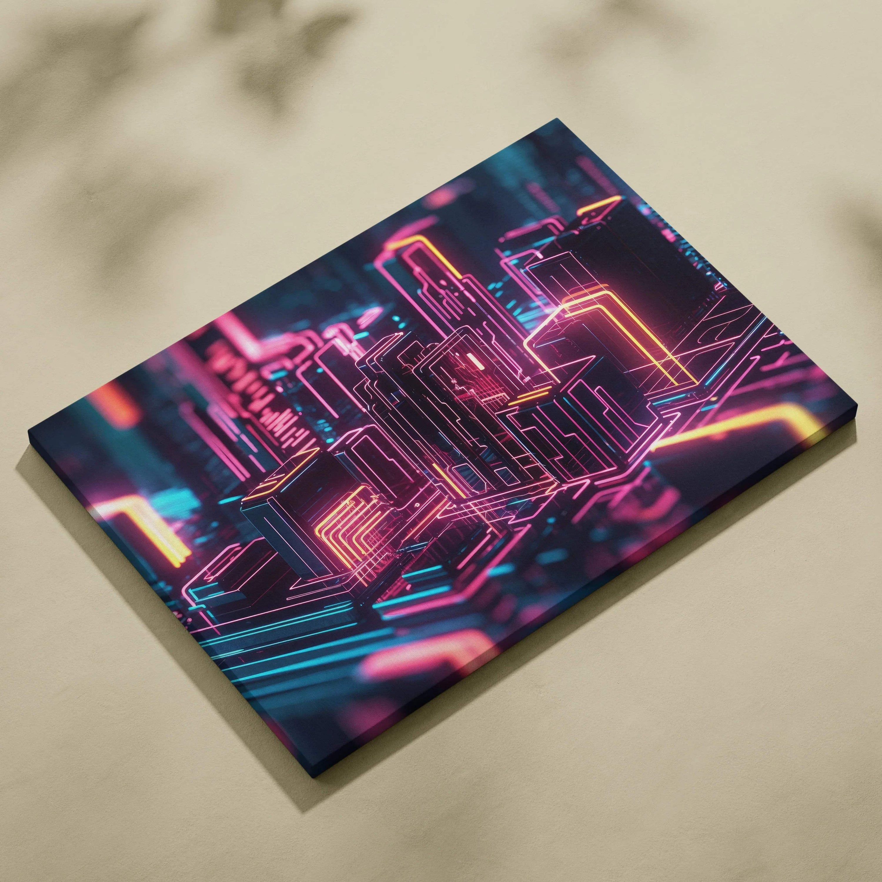 Abstract digital cityscape canvas art with vibrant neon pink, purple, and blue lines on black background.