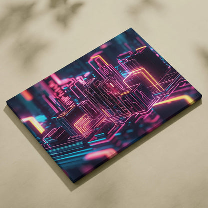 Abstract digital cityscape canvas art with vibrant neon pink, purple, and blue lines on black background.