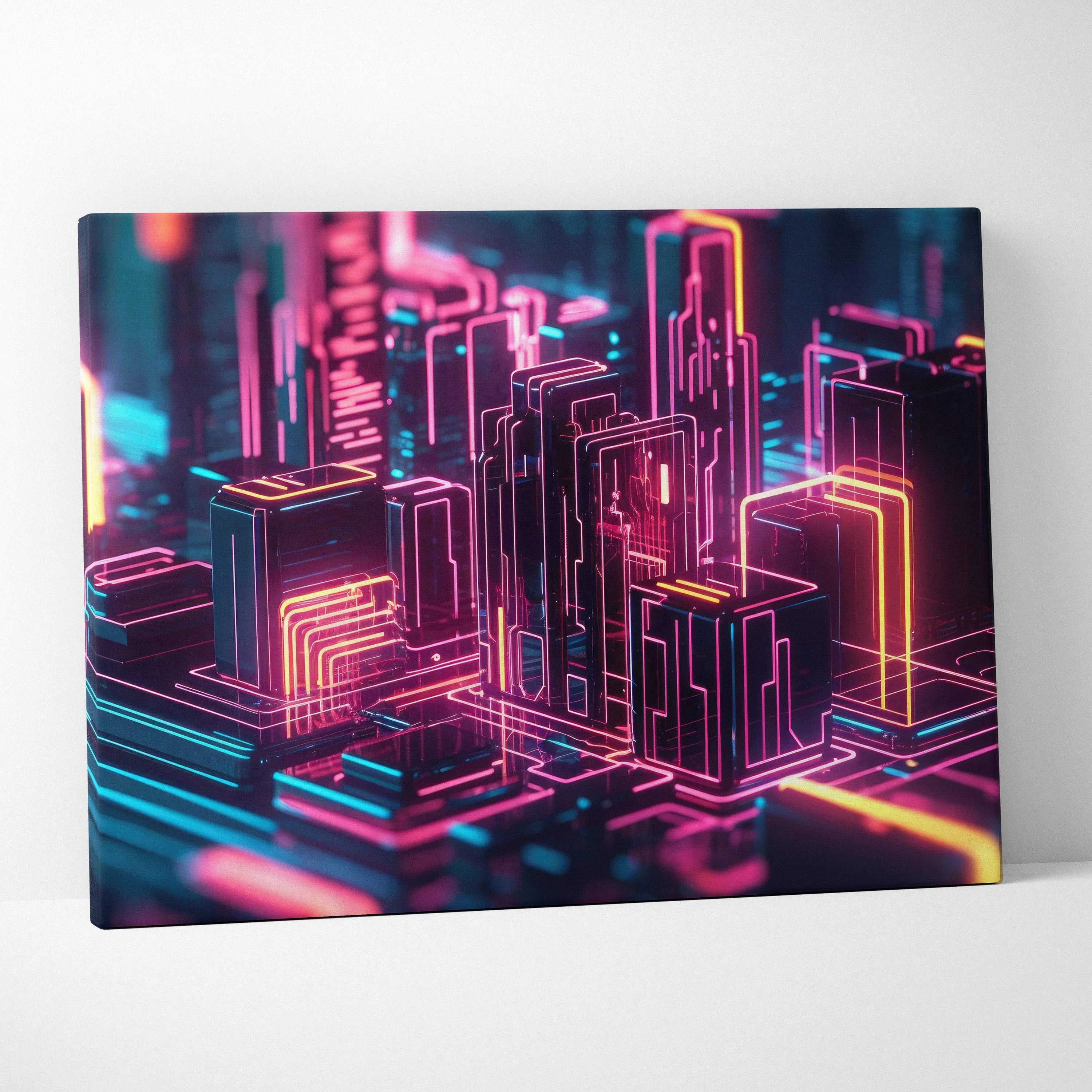 Canvas wall art featuring a vibrant abstract cityscape with neon pink, purple, and blue glowing lines on a dark background.