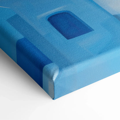 Blue abstract cityscape digital art on textured canvas wall art, corner close-up.